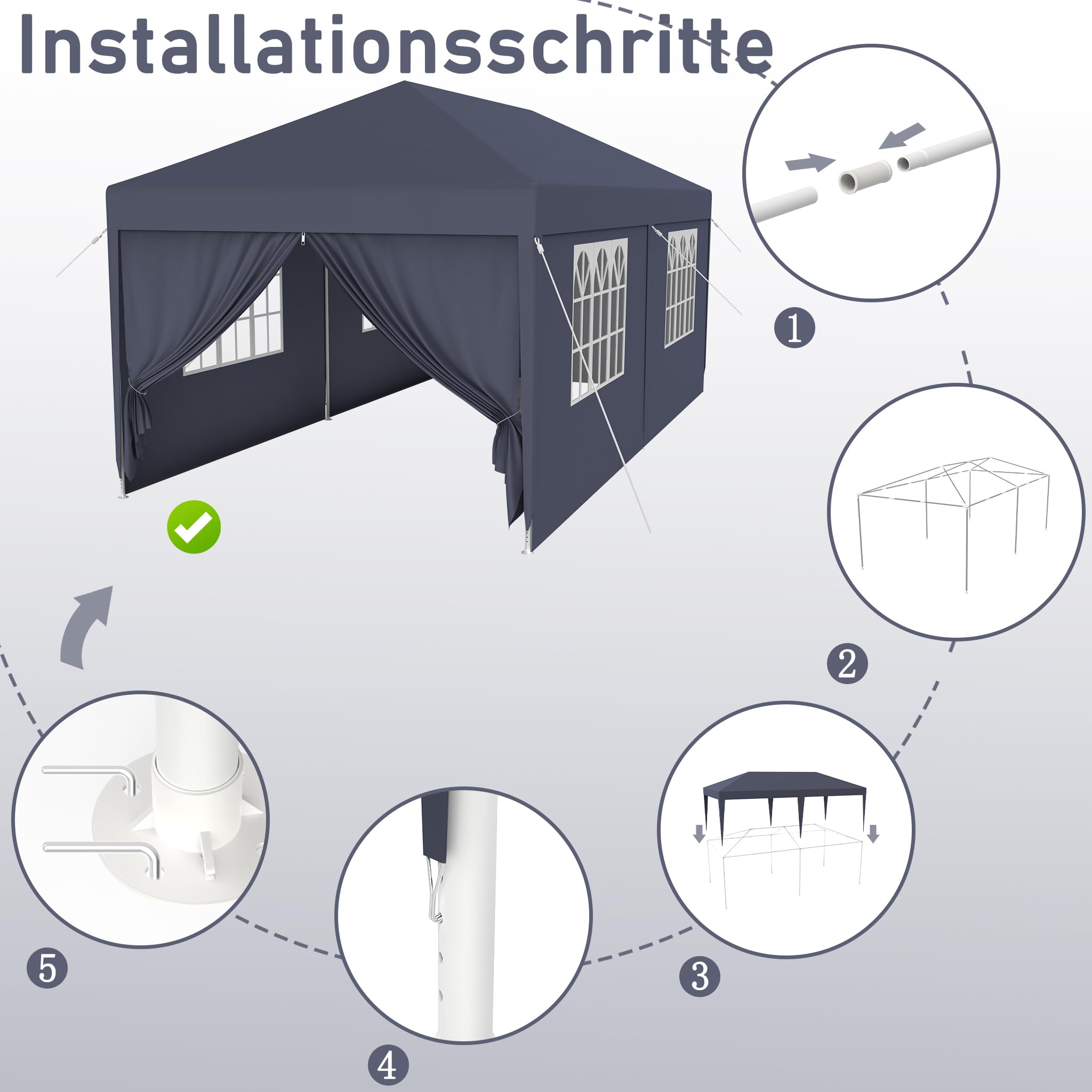 FIVMEN Pavillon 3x6m Partyzelt mit Seitenteilen und Fenstern Gartenpavillon Polyester UV Schutz Wasserdicht Windschutz Gartenzelt Zelt Outdoor, Anthrazit