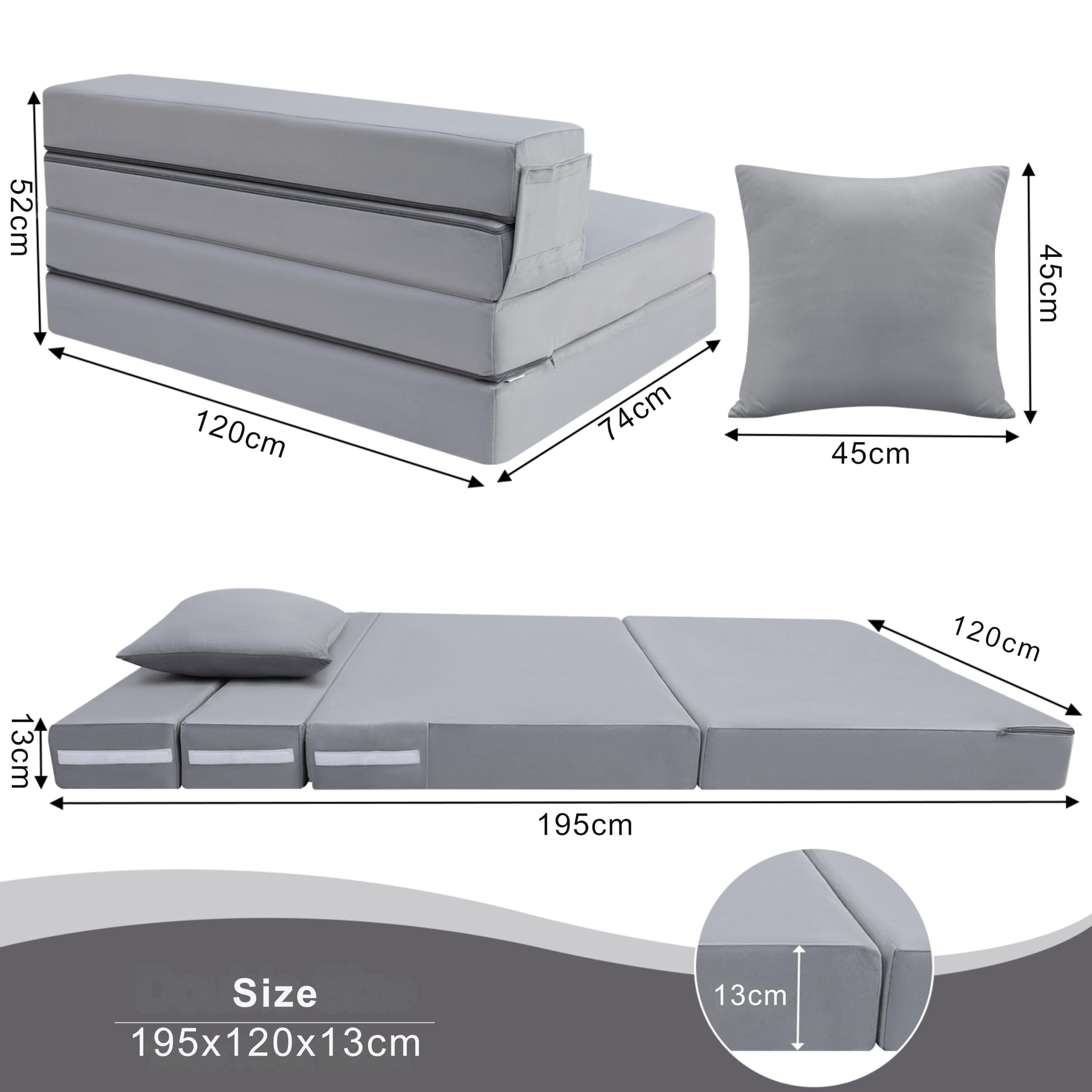MeMoreCool Faltbare Klappmatratze, Hochdichter Schaumstoff Schlafsofa, Boden-Futon-Matratze, 4-teilige Gästematratze Gästebett Klappbar, Klappmatratze Sessel, Faltmatratze 120x195cm, Hellgrau