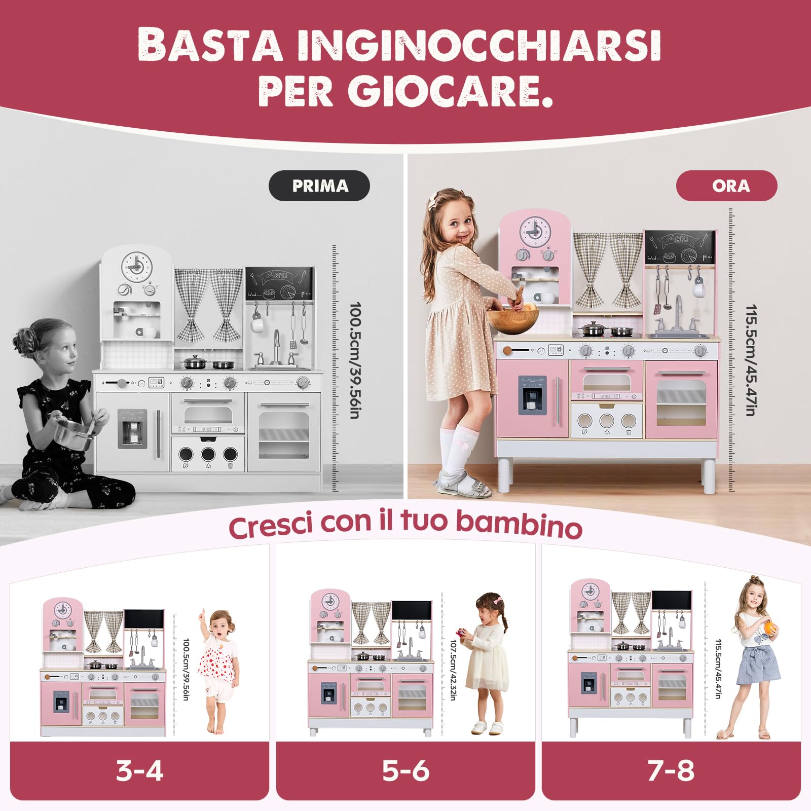 EDUBEBO Set da cucina per bambini, regolabile in altezza, viene fornito con vari accessori da cucina, giochi di ruolo per bambini dai 3 agli 8 anni (rosa)