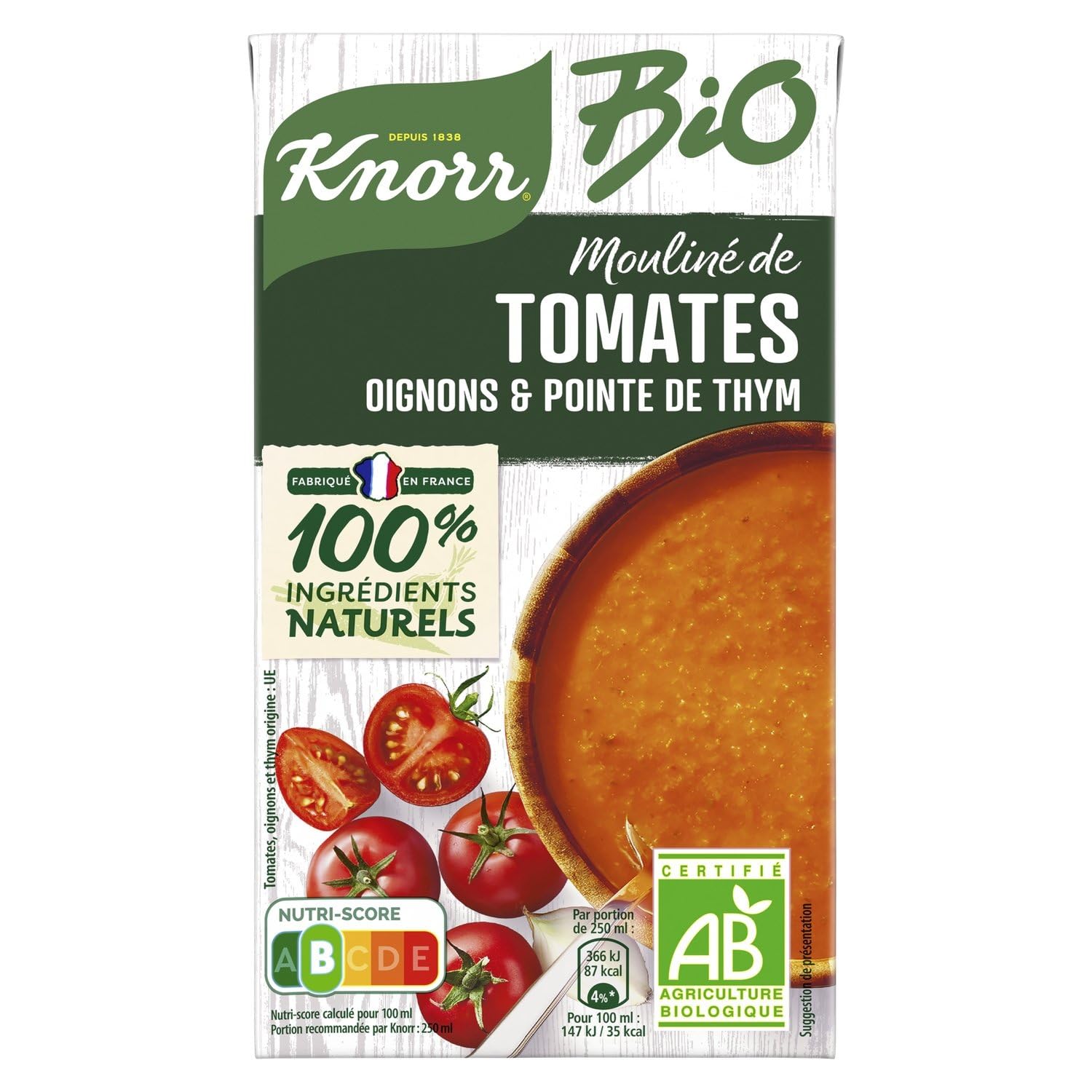 KNOOR – Soupe Veloutée Bio Tomates et Oignons, Notes de Thym Aromatique, Brique 1L - Le lot de 3
