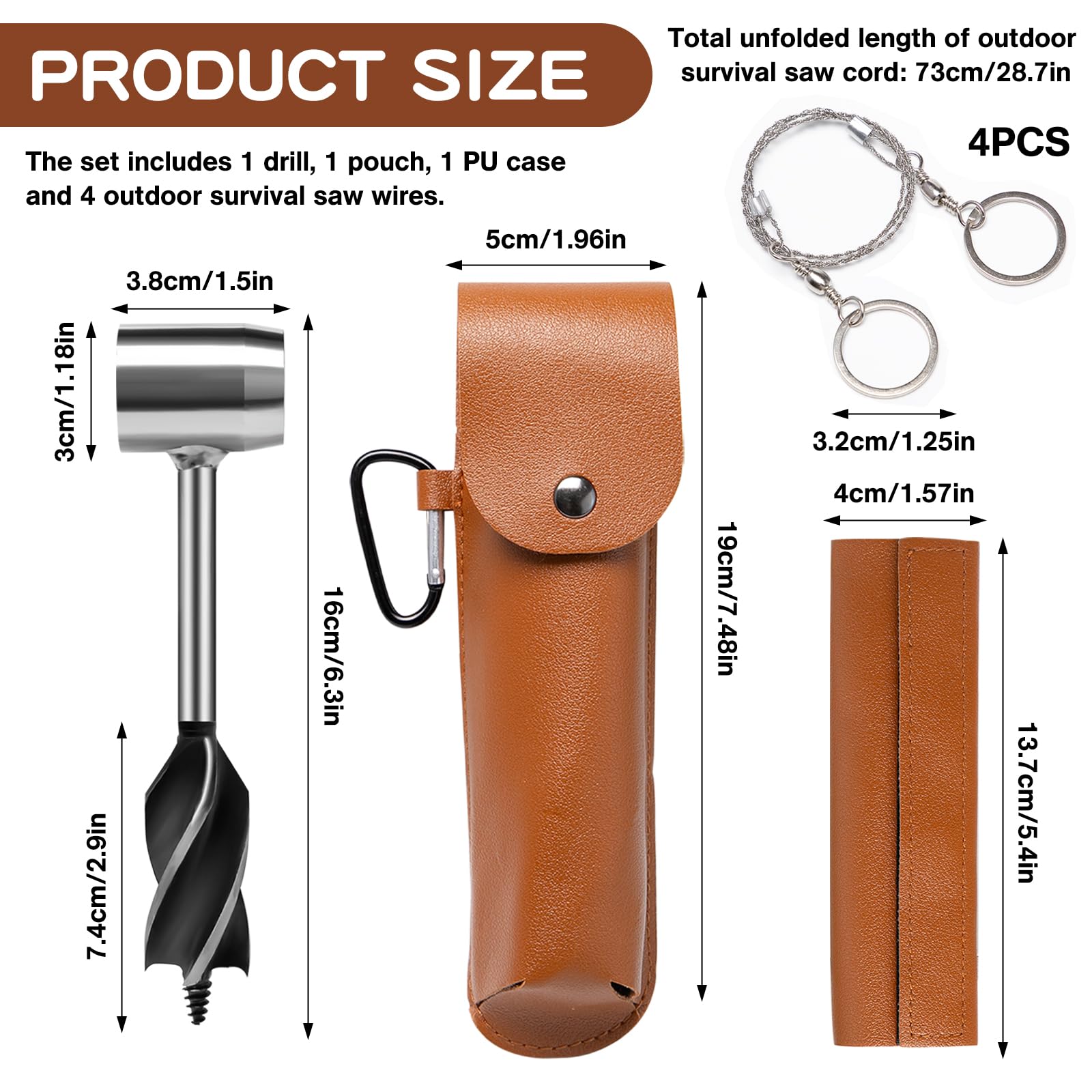 Trivella Manuale per Legno con 4 Sega a Filo di Emergenza Custodia In Pelle Punta da Trapano Multiuso Bushcraft Survival Tools