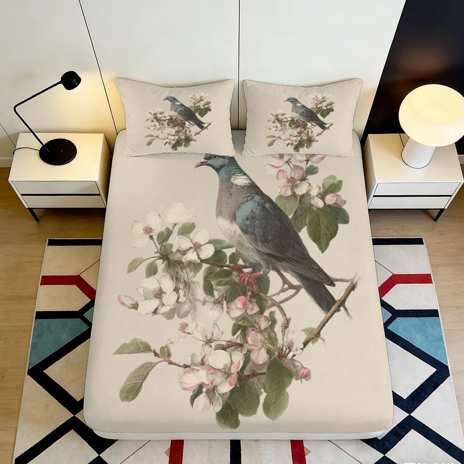 3D Printed Bird Blossom Fitted Sheet Microfiber Soft Artistic Mattress Cover for Bedroom Dorm Guest Room Decor 90x200x25cm