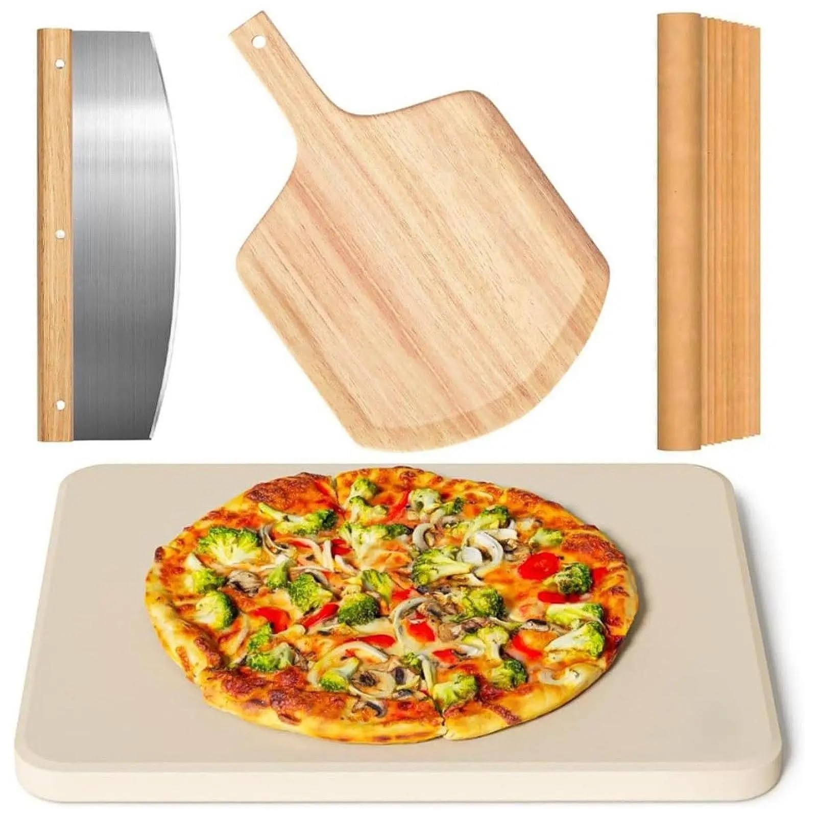 Pizzastein Pizzastein und Holzgriff-Schälset for Backofen, Grill, Zuhause, Backen, rechteckig, Cordierit, Küchen- Kochutensilien