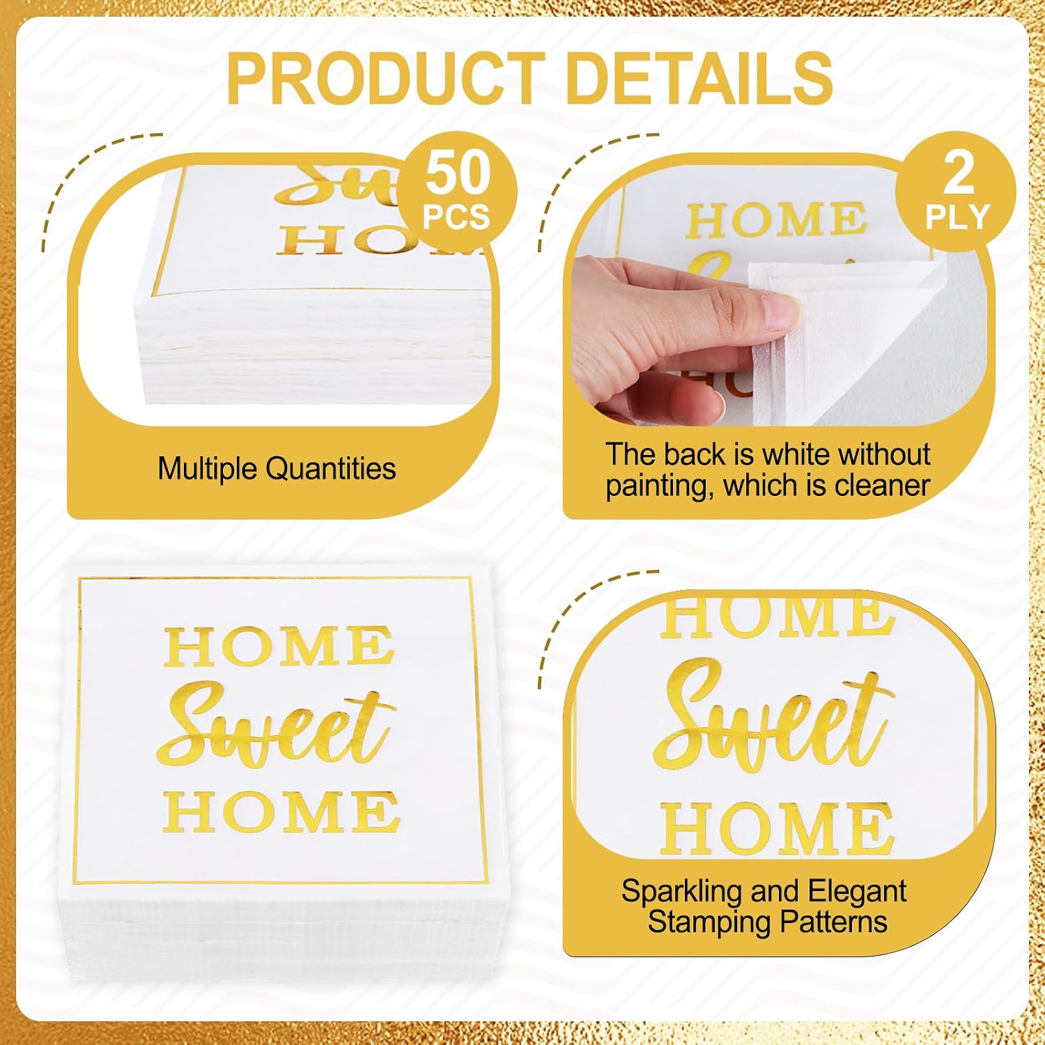 Vuzvuv 50 Pack Housewarming Party Decorations Cocktail Napkins - Home Sweet Home Disposable Paper Hand Napkins for Gatherings Party Supplies Table Decor (5" Folded 2 Ply -Gold Foil White)