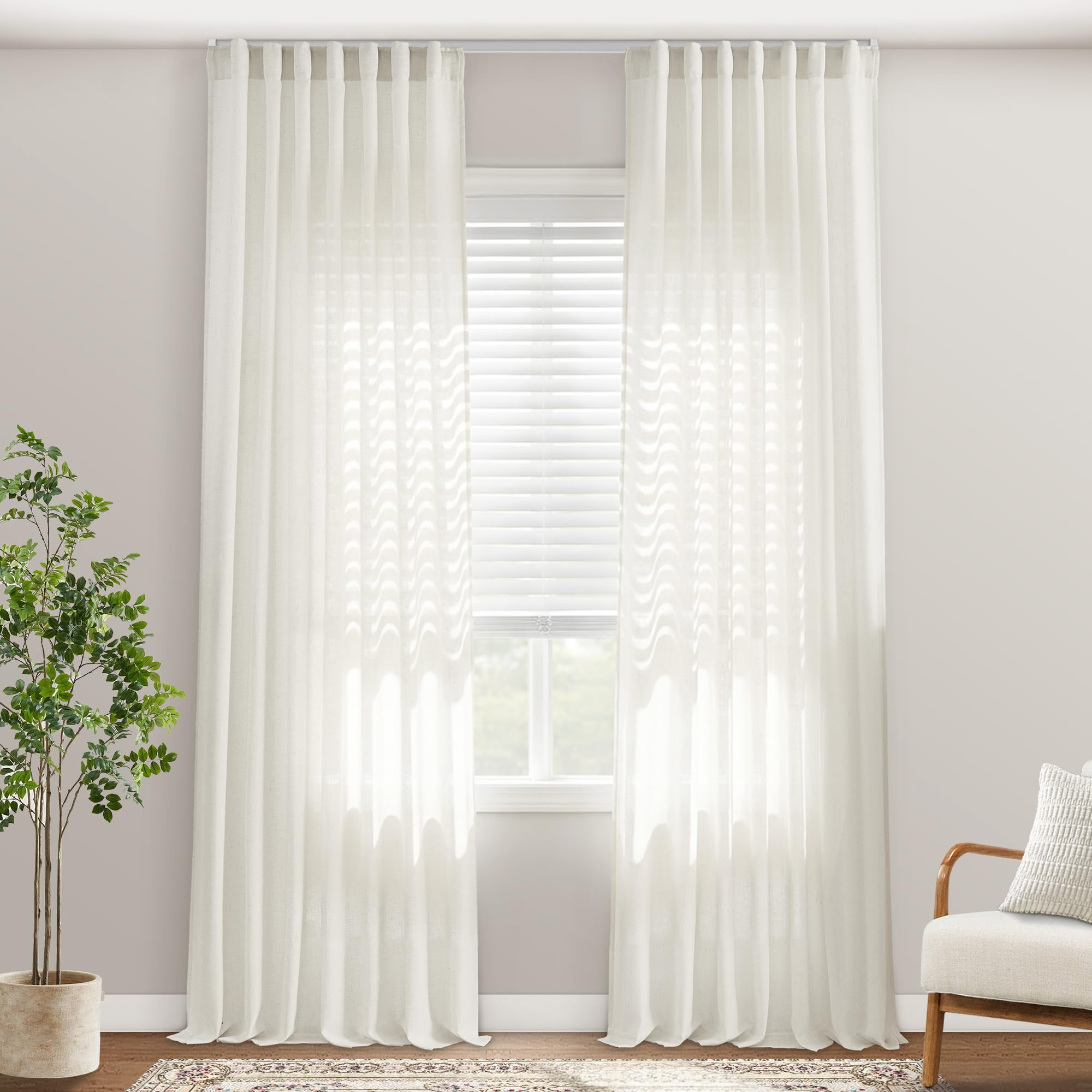 Photo 1 of 108 Inch Linen Cotton Semi Sheer Curtains, 9FT Floor to Ceiling, Lightweight Rod Pocket Back Tab Drapes for Living Room Bedroom, 2 Panels Set, 50'' W x 108'' L, Natural