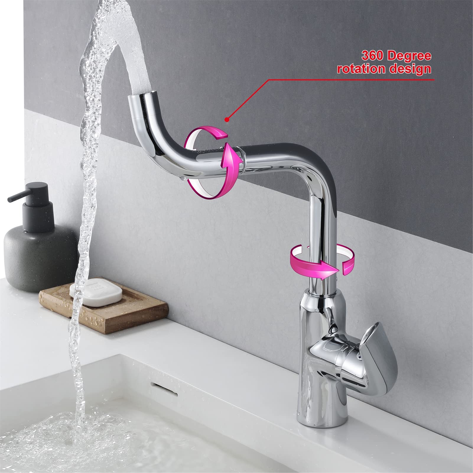 バスルーム洗面台蛇口 360°回転 シングルハンドル 1穴ボウルシンク蛇口 つや消しニッケル マッチング ポップアップドレインオーバーフローなし 洗面 並行輸入品