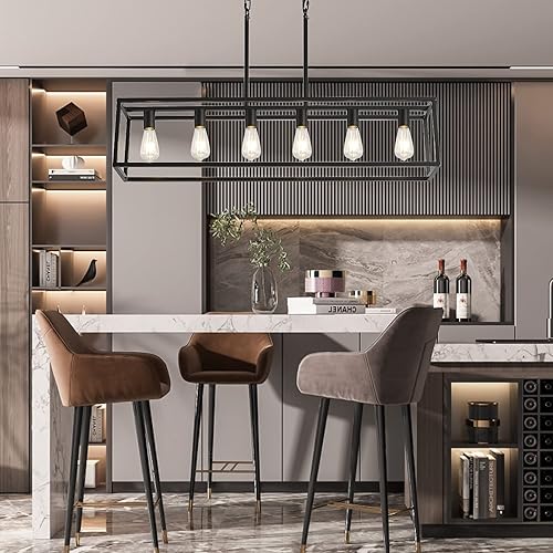 Miniatura 7 de XILICON Candelabros rectangulares negros de 6 luces para comedor, lámparas colgantes, jaula de isla de cocina, lámpara de techo moderna