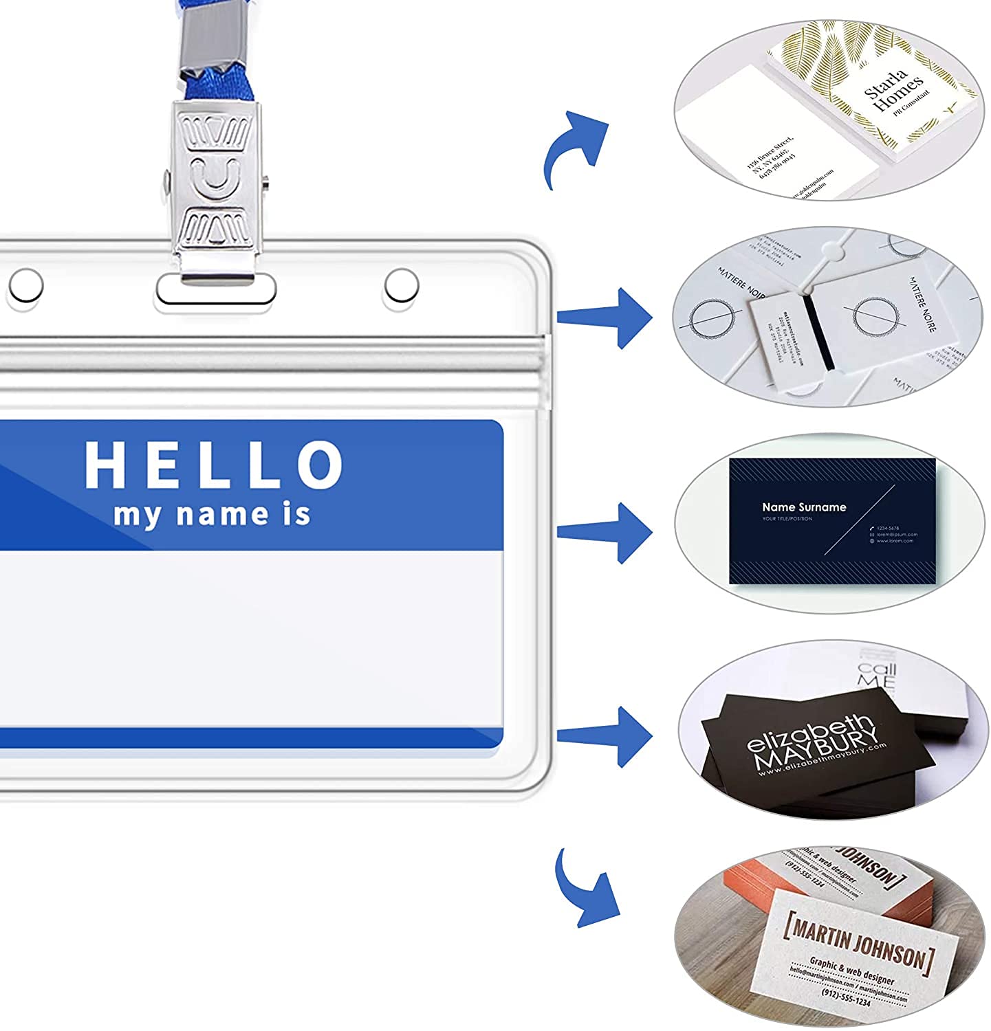 Gimars 50 Fundas de Tarjeta de Identificación PVC Transparente 10x8cm con Clip Metálico y Cordones de Cuello de 45cm, Portatarjetas Horizontal Impermeable, Ideal para Eventos, Empresas y Acceso-Azul