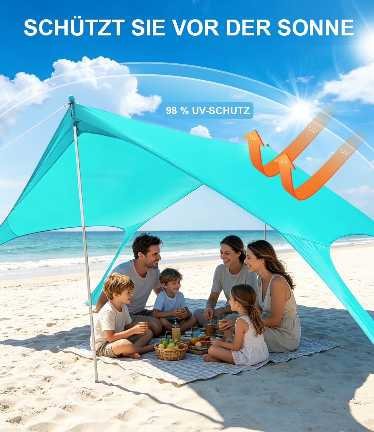UPF50+ Strandzelt 3m x 3m Sonnenzelt mit Sandschaufel & Erdnägeln für Strand Camping Angeln