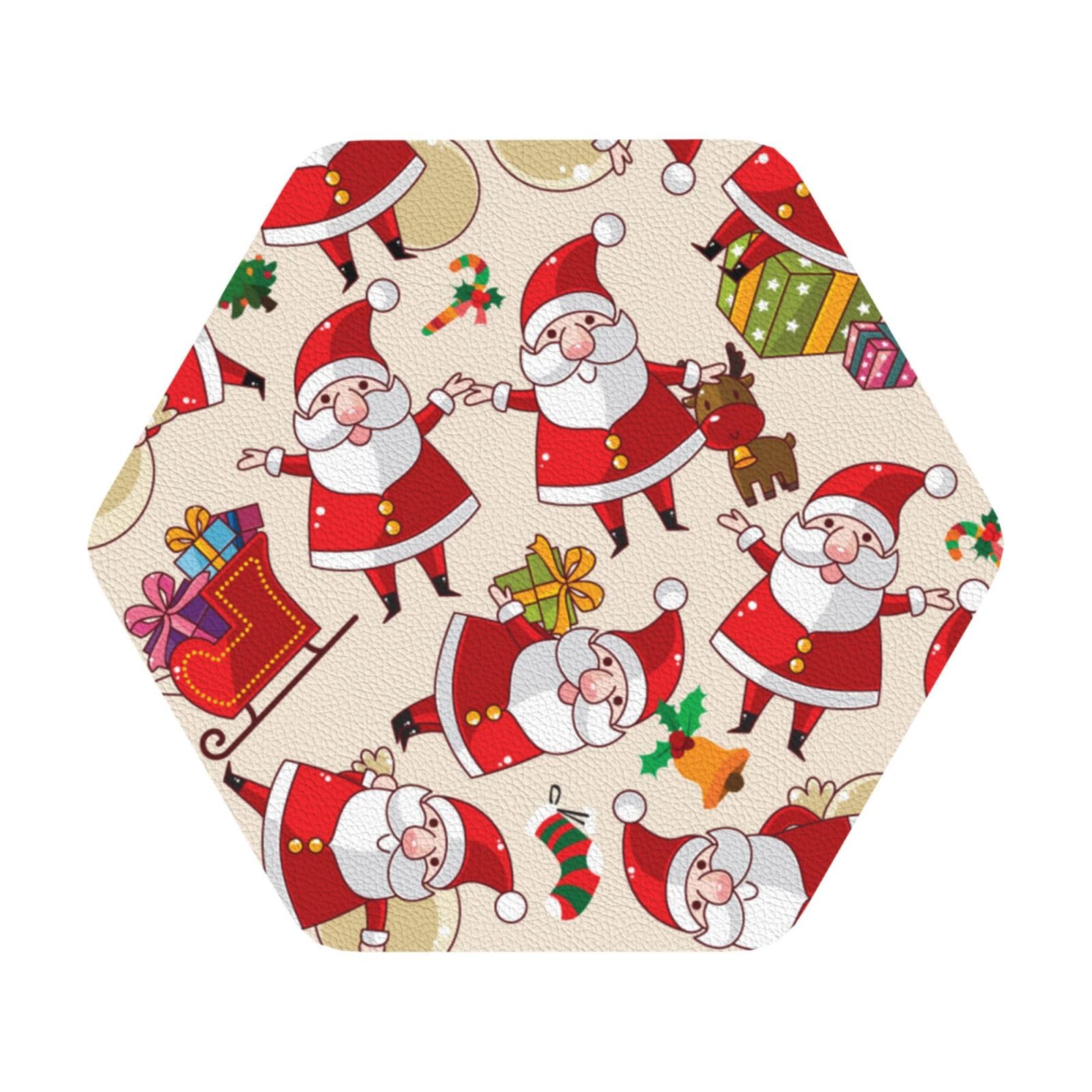 Christmas Cartoon Santa Claus PU Leather Coasters Set of 6 Hexagon Drink Coasters