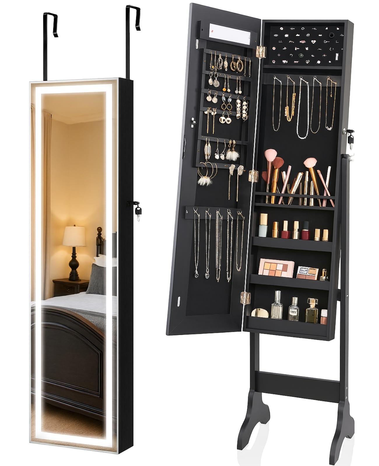 LUXFURNI LED Full Length Mirror with Jewelry Storage, Floor Standing/Wall Mounted or Door-Hanging Mirror Jewelry Cabinet Standing Jewelry Armoire, Jewelry Organizer Mirror, Black