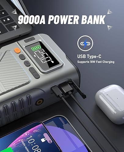 Miniatura 4 de Arrancador de salto de 9000 A con compresor de aire, cargador de coche portátil para automóvil con inflador de neumáticos de 150 PSI, vehículo de