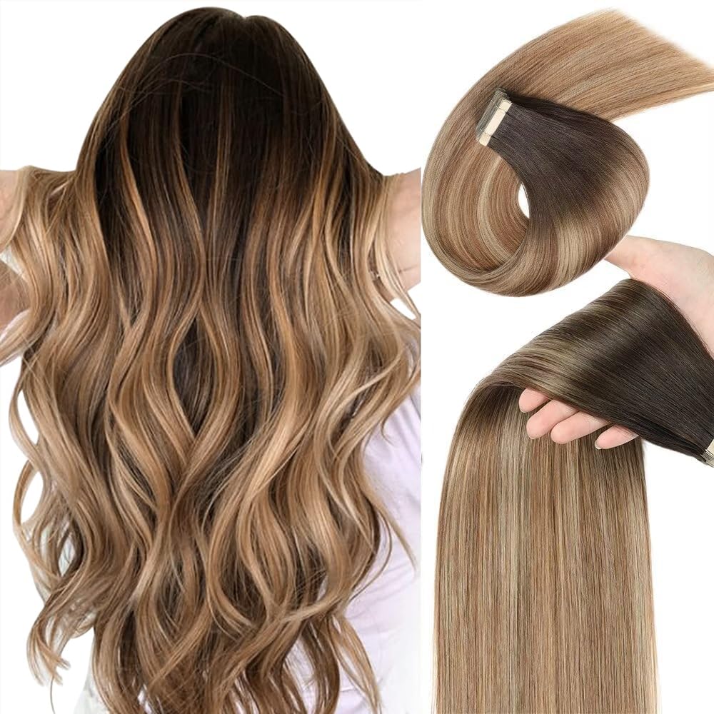 YDDM Tape Extensions Echthaar Goldbraun Balayage 40pcs 60cm 100g Kastanienbraun bis Hellbraun mit Hellblond Remy Invisible Tape in Extensions Echthaar Ombre Tapes Ins Haarverlängerung(24Zoll,2/6/18K#)