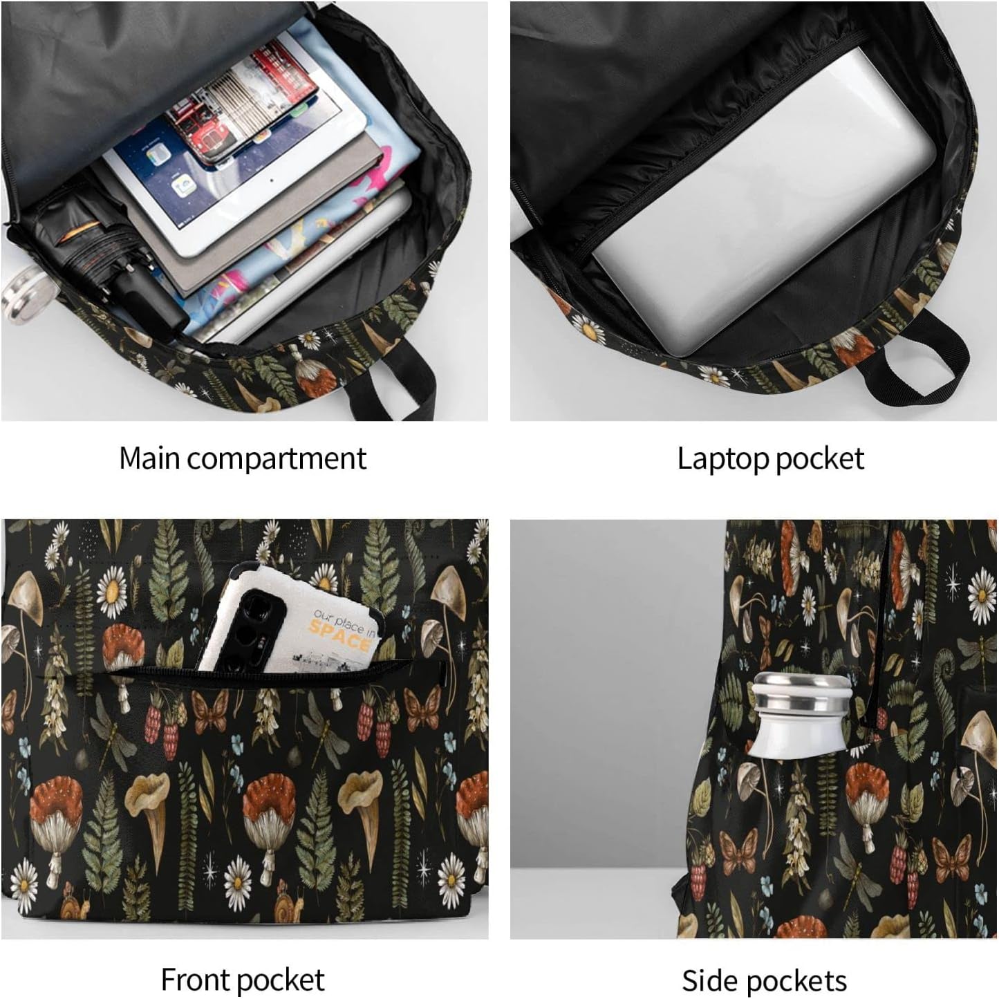 SUPLUCHOM School Backpack Vintage Magic Mushroom Leaf Forest Casual Daypack Men Women Polyester Laptop Bag with Side Pockets Bookbag for Travel Hiking Work Student Over 3 Years Old Kids
