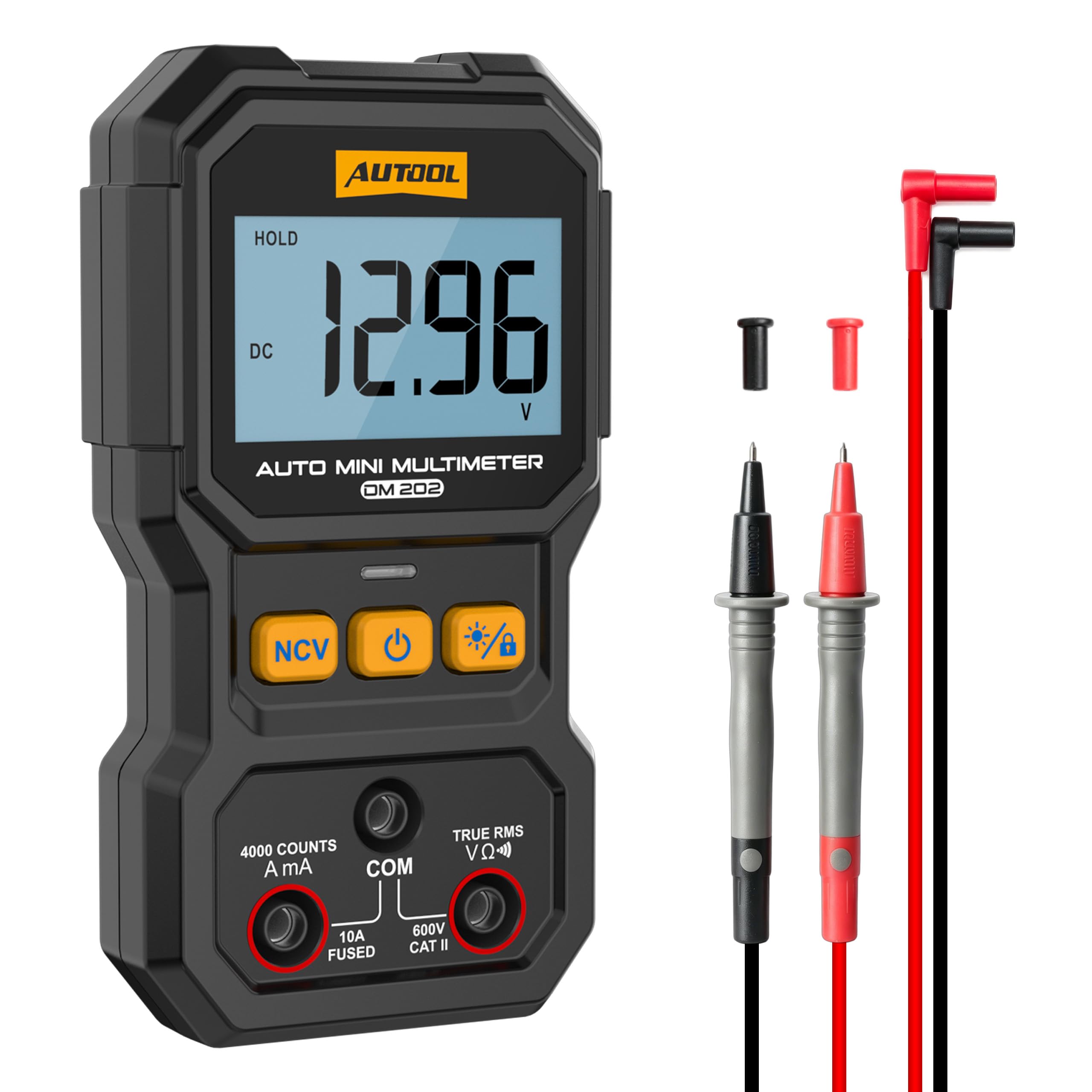 AUTOOL Digital Multimeter, DM202 Multi Tester Voltmeter Ammeter Ohmmeter, True-RMS, 4000 Counts, NCV Test, AC/DC Voltage, Current, Resistance, Continuity, 600V CAT II, Mini Handheld