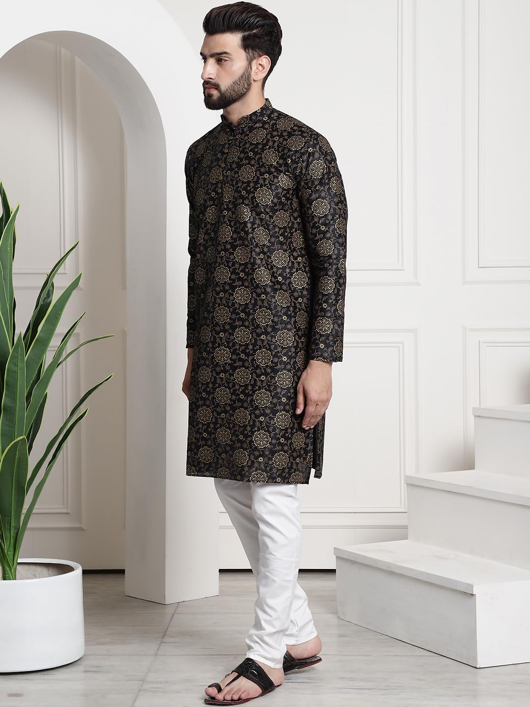 Sojanya (Since 1958 Men's Silk Blend Print Black Kurta And Cream Pyjama With Black Nehru Jacket