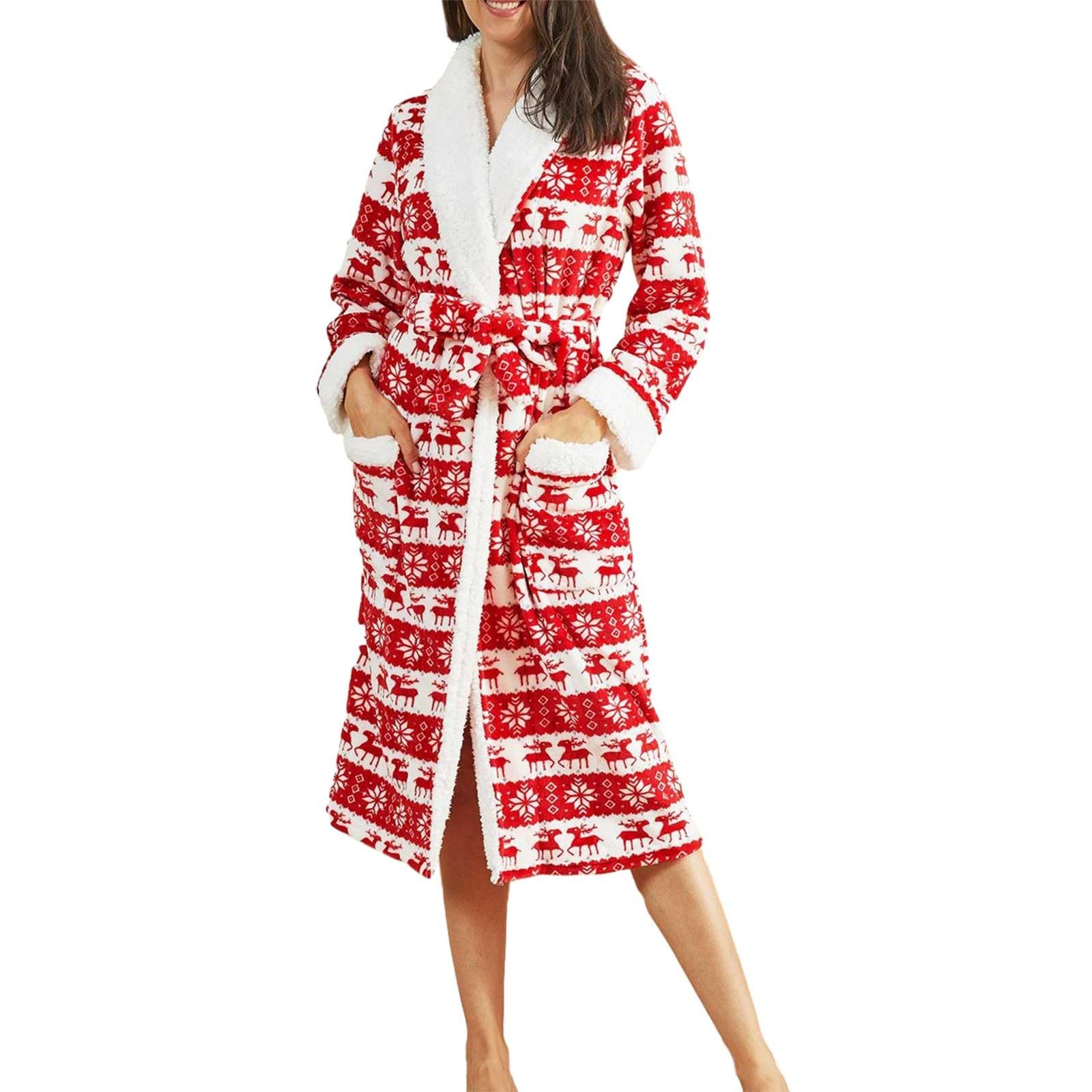 Peignoir De Bain Femme Polaire Impression De NoëL, Robe De Chambre Grande Taille avec Poches, Chemise De Nuit à Manches Longues, Doux Et Confortable VêTements De Nuit Femme Automne Hiver