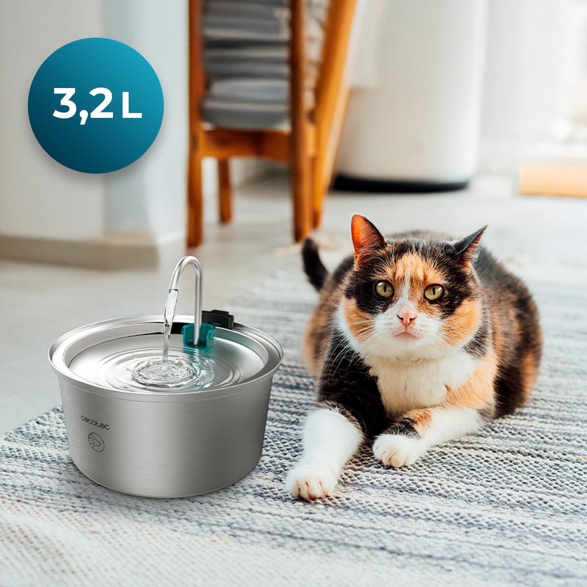 Cecotec Fuente para Gatos Automática Mascotas Pumba 3200 Refresh INOX. Capacidad de 3,2L, Acero Inoxidable, Filtro Alto Rendimiento, Silenciosa, Diseño de Cascada, IPX4, Fácil Limpieza
