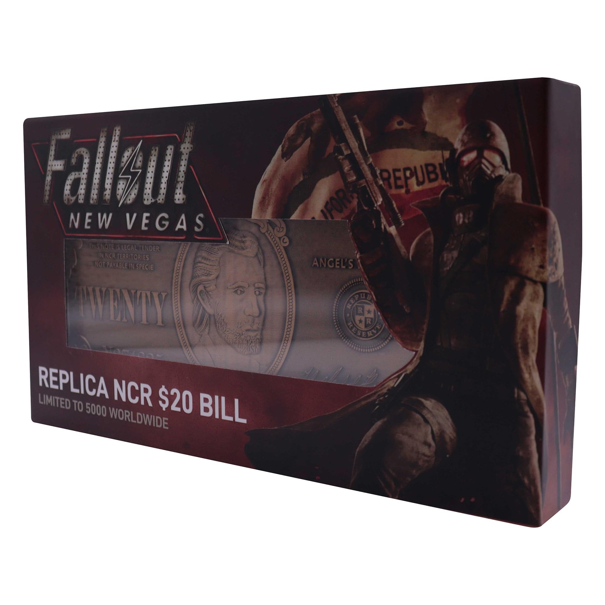 FaNaTtik Fallout: New Vegas NCR $20 Metal Replica In-World Bill - Edizione limitata in metallo da collezione, numerata, espositore incluso