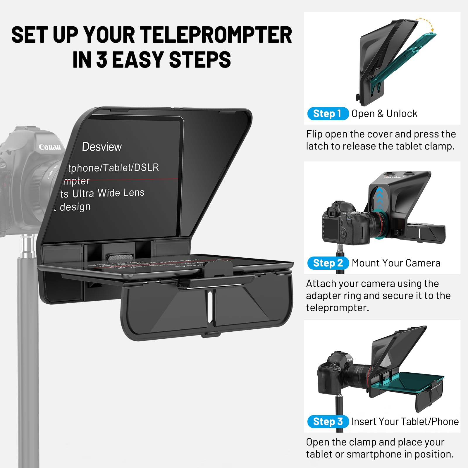 Desview T5 Teleprompter do smartfonów, tabletów, kamer DSLR z pilotem zdalnego sterowania Bluetooth i aplikacją, do 11 cali, kompatybilny z iPhone, Android, kamerą, transmisją na żywo, nagrywaniem