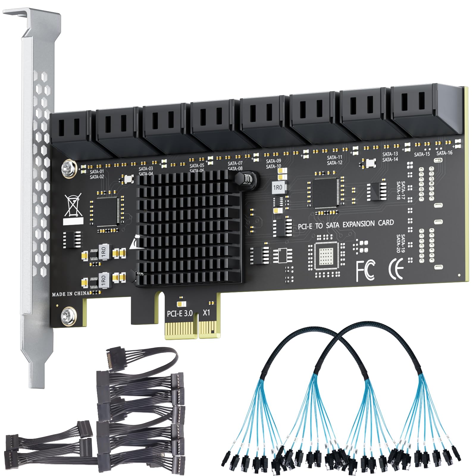 16-Port PCIe X1 SATA Expansion Card with SATA and Power Cables, Compatible with Windows, Linux, Mac OS, NAS