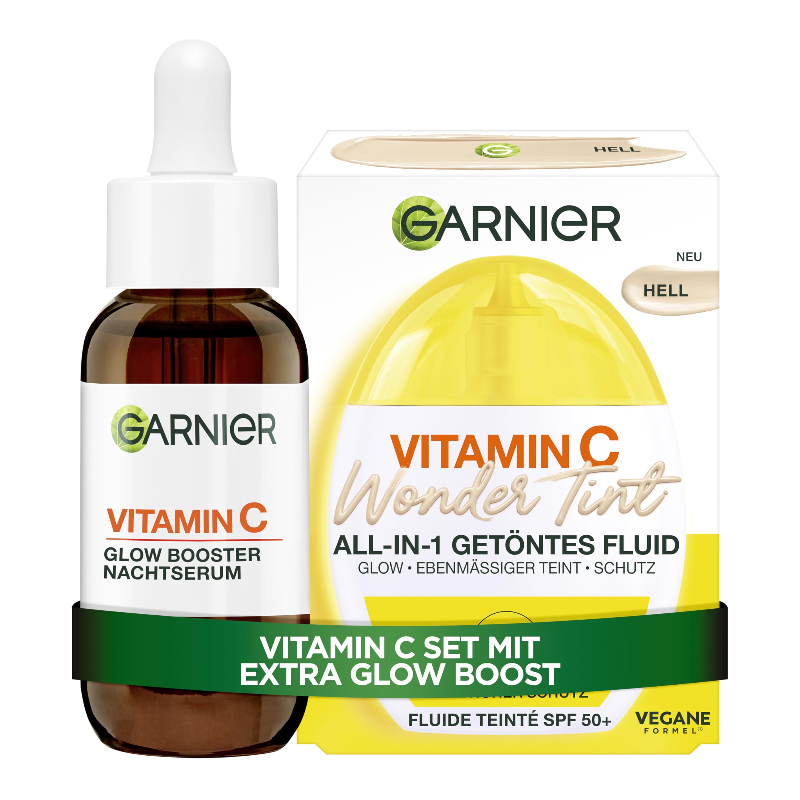 Garnier Vitamin C Tag & Nacht Set – 2-teilige Routine mit 10% purem Vitamin C Nachtserum & Wonder Tint Getöntem Fluid Hell LSF 50+ – Duo gegen dunkle Flecken & für strahlenden Glow