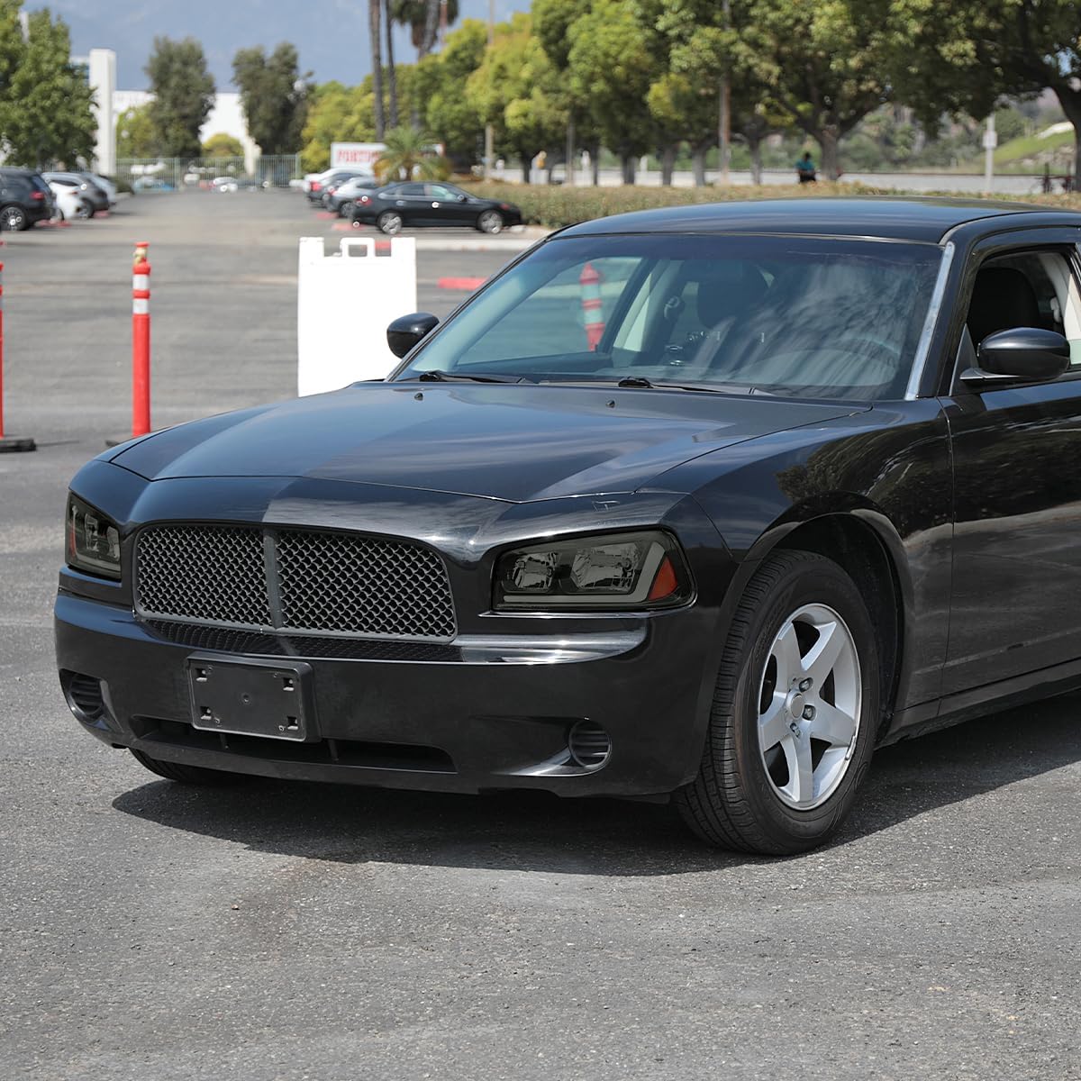 SPEC-D TUNING Black Smoke Headlights w/Fiber Optic LED Strip and Turn Signal Light Compatible with 2006-2010 Dodge Charger 4Dr Sedan, Left + Right Pair Headlamp Assembly