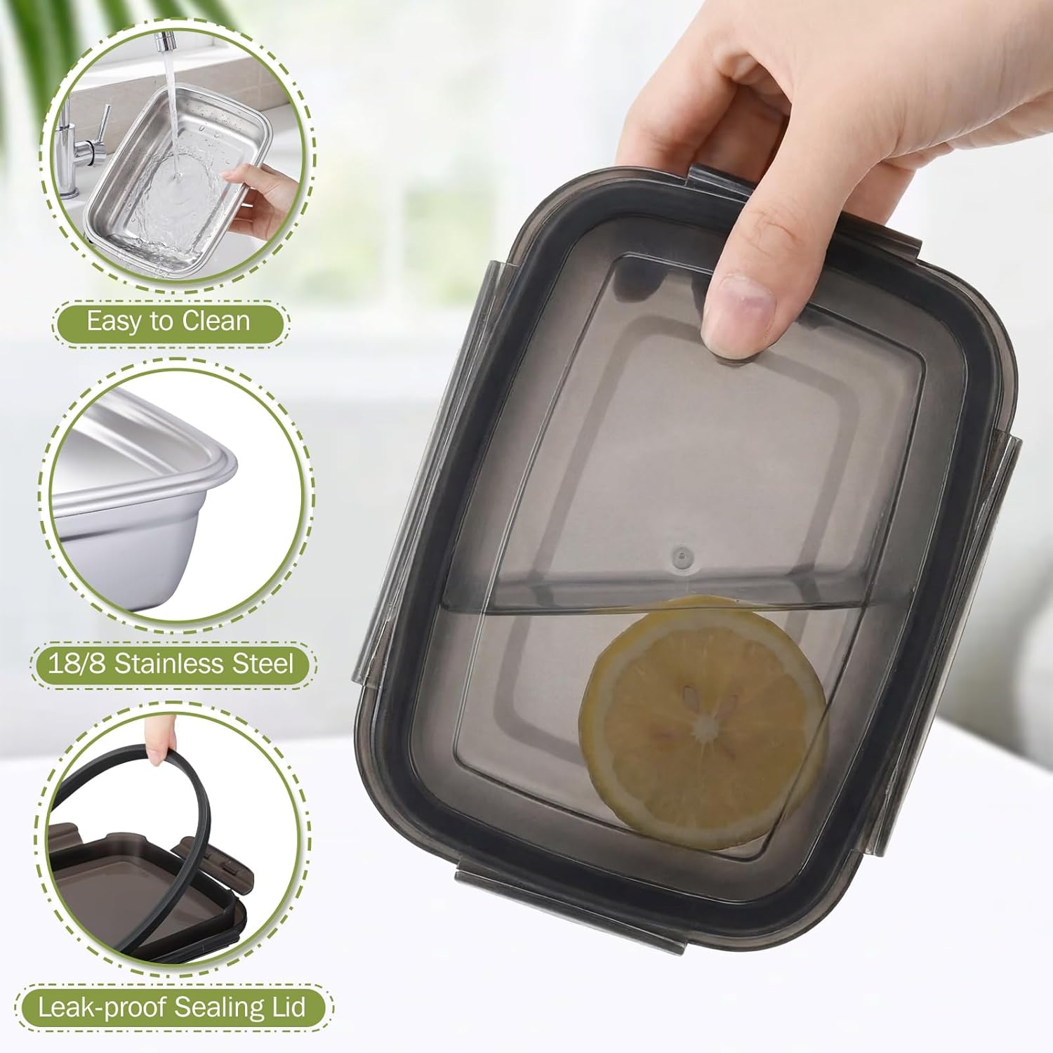 8 Pcs 304 Stainless Steel Food Storage Containers with Lids Leakproof, Reusable Airtight Meal Preparation Container Round and Square Stackable Food Container for Kitchen Picnic(Black Lids) - Image 2