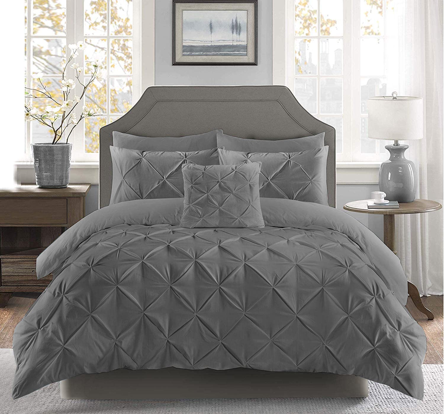 Pintuck Pinch Pleated Duvet Cover Set including Matching Pillow Cases 100% Cotton Ultra Soft Breathable Luxury Hotel Quality Quilt Bedding Cover Sets All UK Sizes (Chracoal