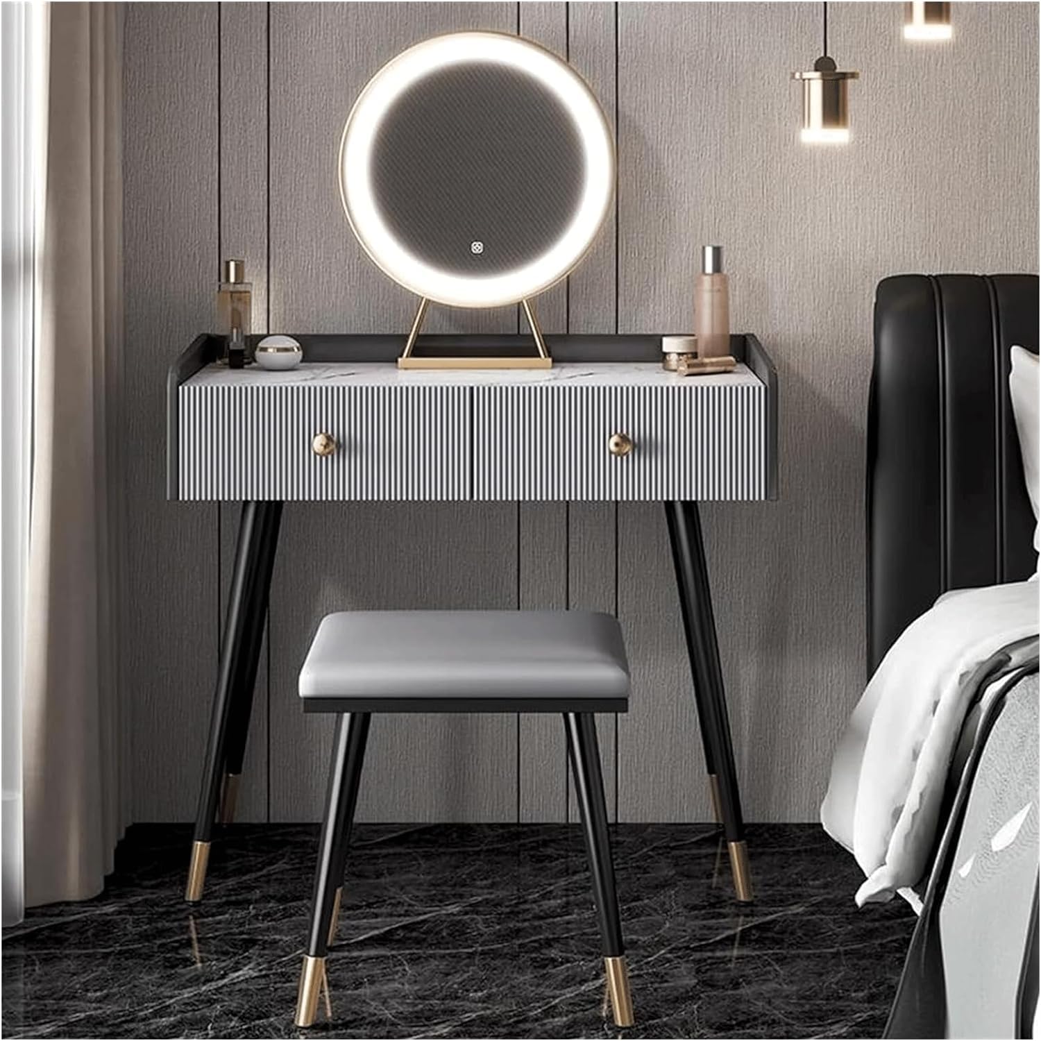asdchZen Lighted Makeup Mirror Set-Mdf Wood Dressing Table With Cushioned Stool-Elegant Home Vanity Desk For Beauty And Grooming
