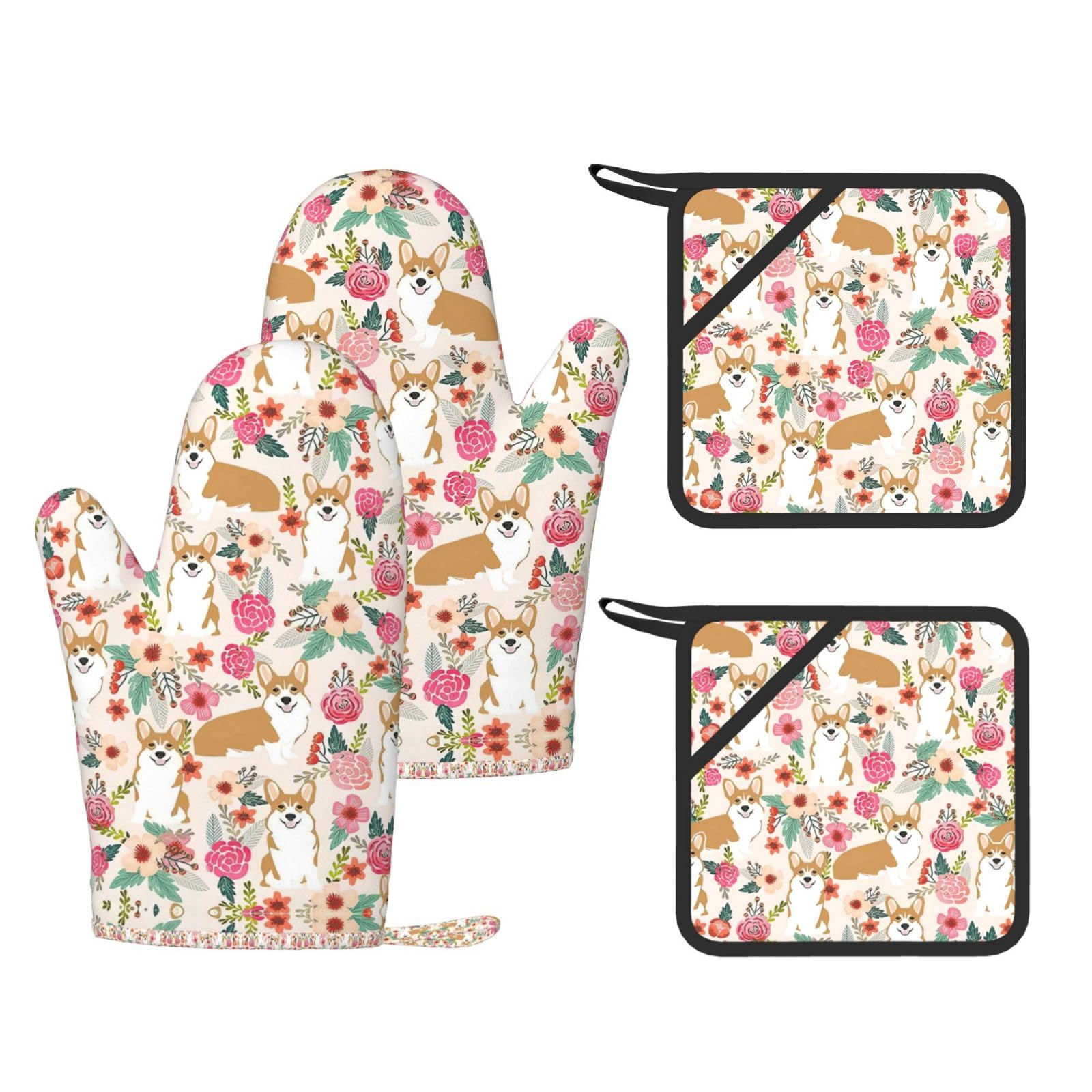 Corgi Floral Flowers Spring Garden Trendy Printed Kitchen Set with Heat Resistant Gloves & Non-Slip Hot Pads for Baking & Grilling