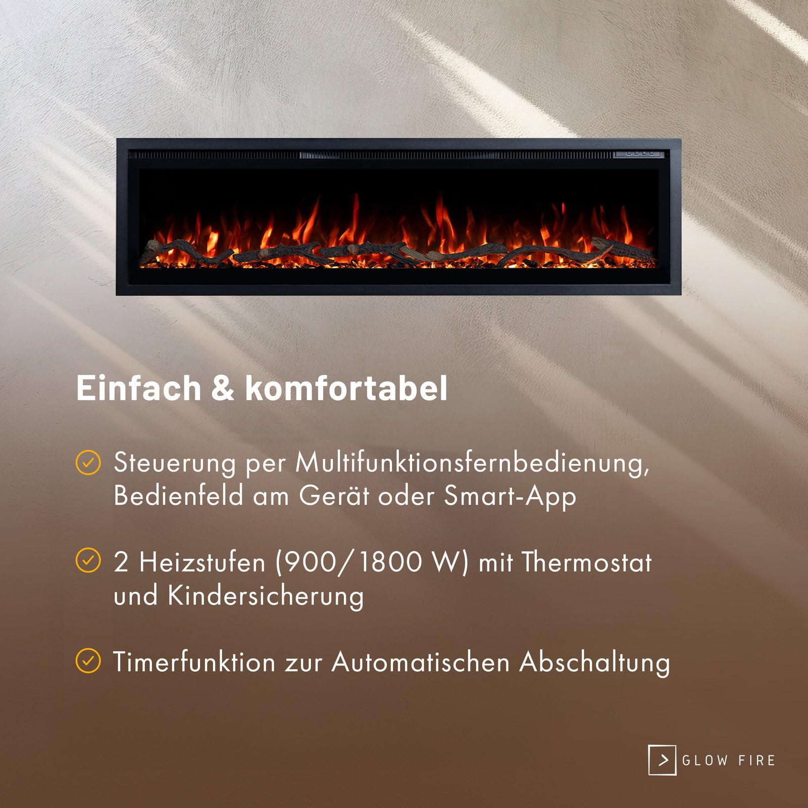 GLOW FIRE Kominek elektryczny Core 127 z realistycznym ogniem LED 3D – ścienny kominek elektryczny z ogrzewaniem i ogniem, sterowanie za pomocą aplikacji, efekt trzaskania i timer, maks. 1800 W, 127 x