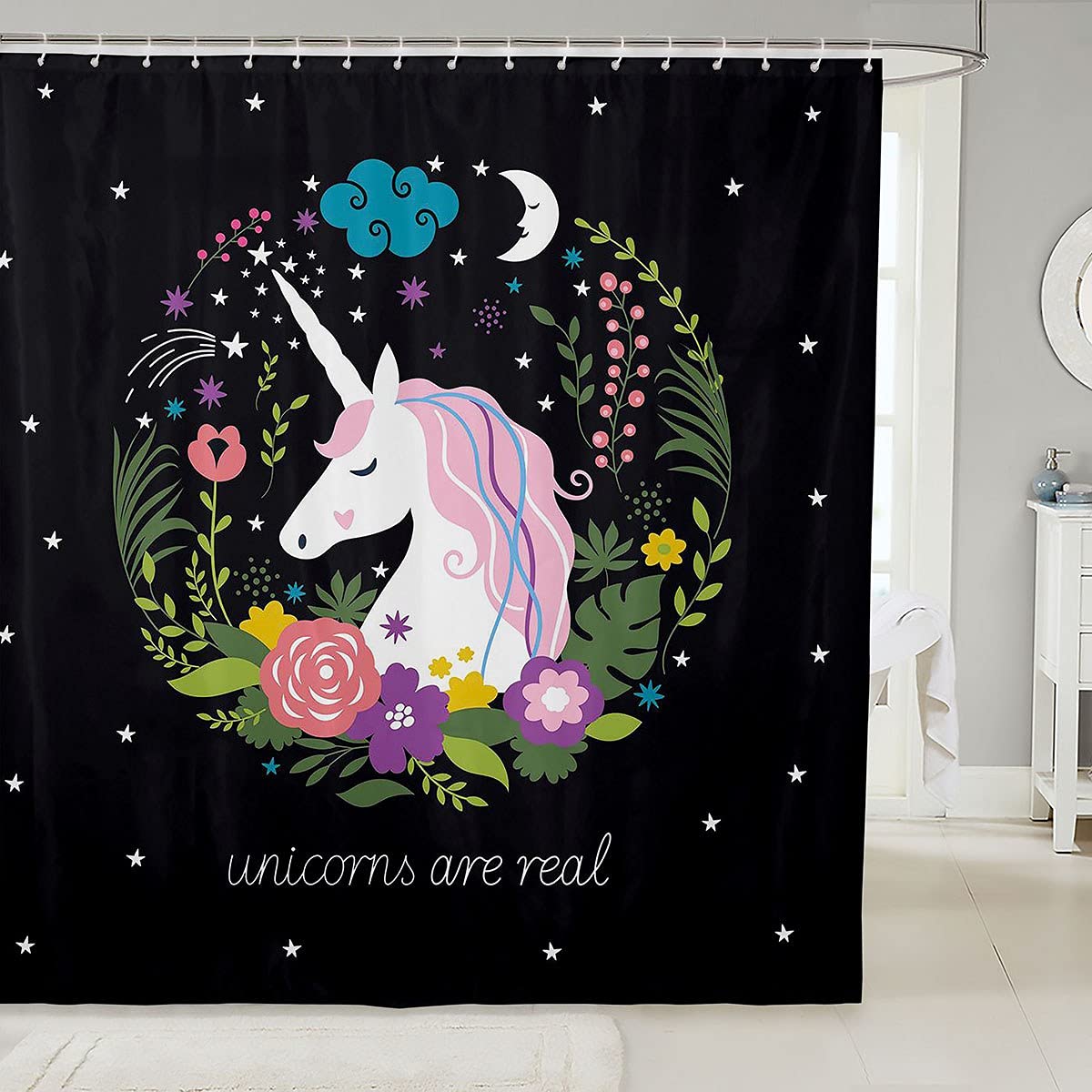 Loussiesd Unicorn Bath Curtain Kids Dreamy Horseed Shower Curtain Girls Cute Floral Magical Animal Bathroom Cartoon Starry Sky Cloth Fabric Curtains Bathtubs 72x72 Inch