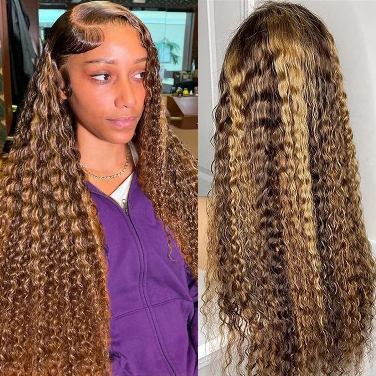 LAINSS Highlight 13x6 Deep Wave Lace Front Wigs Human Hair 4/27 Ombre Curly HD Transparent Lace Frontal Wig Pre Plucked Glueless Wig human hair 210%