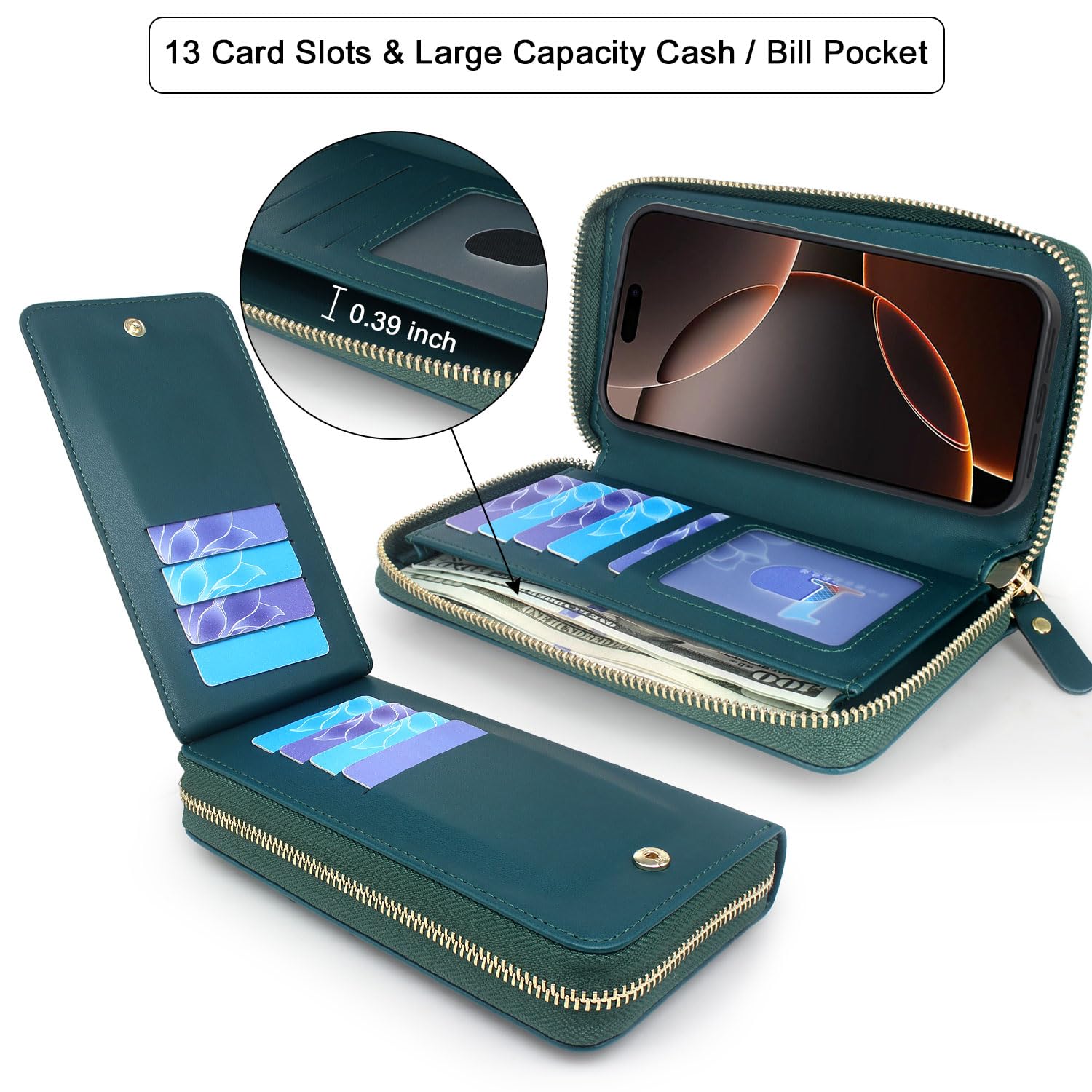 Lacass for iPhone 16 Pro Max 6.9 inch 2024 Wallet Case, Crossbody Dual Zipper Detachable Magnetic Leather Wallet Case Cover Wristlets Wrist Strap 13 Card Slots Money Pocket(Floral Cyan Green)