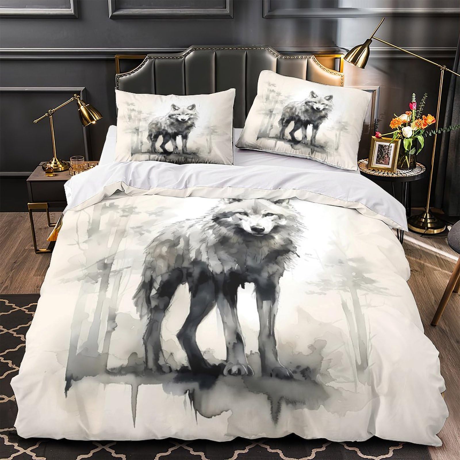 Housse de couette loup 200x200 parure de lit microfibre effet 3D double