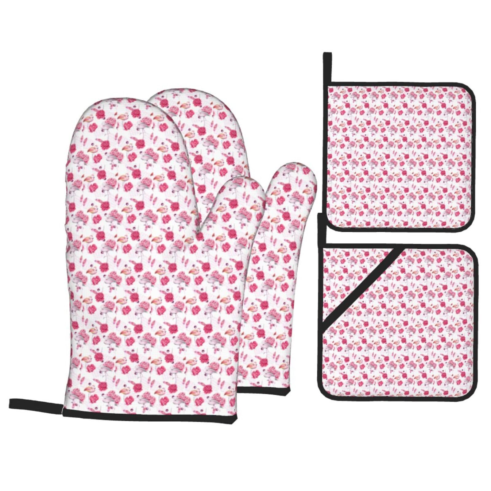 Red Flamingos Print Stylish Heat-Resistant Oven 4-Piece Set Kitchen Gloves Roasting Daily Cooking