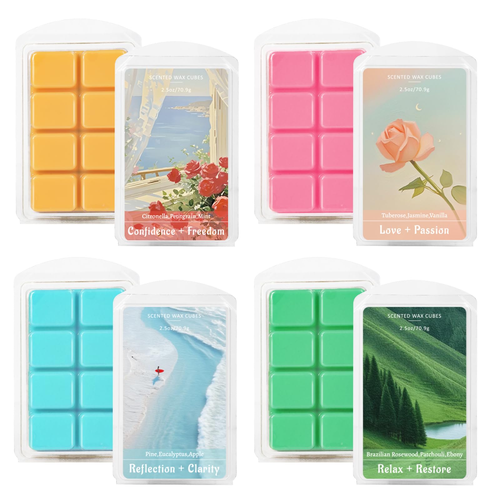 DERDUFT Aromatherapy Wax Melts 4-Pack for Calm & Clarity - Scented Soy Wax Cubes with Essential Oils, Citronella Jasmine Pine Rosewood - Natural Fragrance for Emotional Wellbeing Relaxation