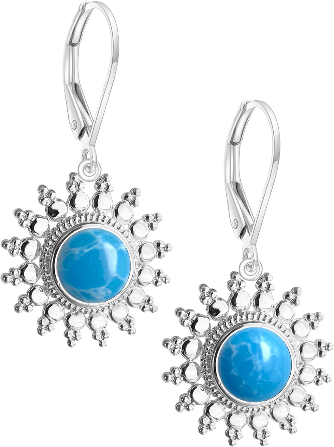 Natural Round Stone Sun Flower Drop Earrings,925 Sterling Silver Real Genuine Crystal Quartz Gemstone Dangle Dangling Statement Earrings Jewelry for Women Her