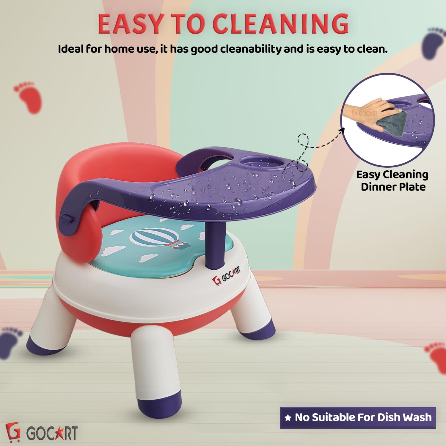 GOCART WITH G LOGO 4 Leg Baby Dining Chair With Detachable Tray And Pu Soft Cushion For 1-2 Year Kids And Toddler (Design-3) - White 2