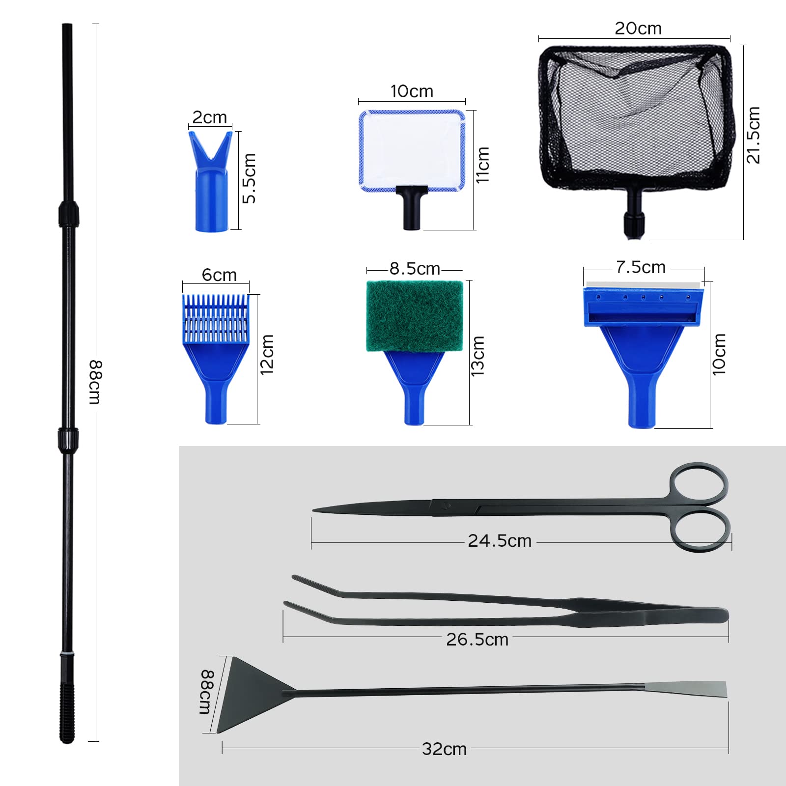 Coolty 9 en 1 Kit de Herramientas de Limpieza de acuarios rastrillo de Grava, rastrillo de Plantas, Esponja raspadora y Kit de Herramientas de Acuario de Acero Inoxidable