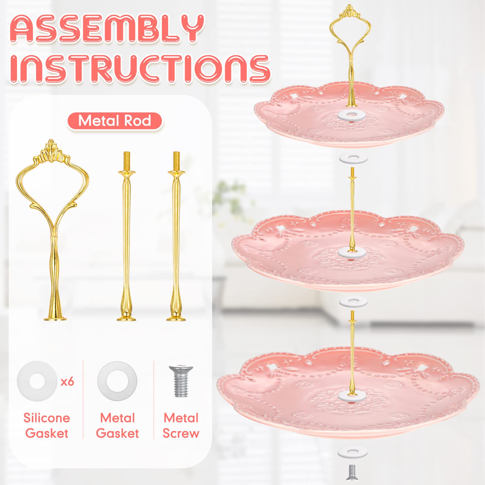 Tanlade 2 Pcs Porcelain Cupcake Stand 3 Tier Serving Tray Dessert Tiered Tea Party Plates Embossed 3 Tier Cake Stand High Tea Elegant Stand Cupcake Platter for Wedding Birthday(Pink)