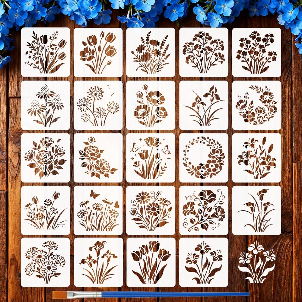FINGERINSPIRE 24PCS Wildflower Pattern Painting Stencil with Paint Brush 5.9x5.9inch Reusable Floral Leaves Drawing Template Butterfly Rose Dandelion Stencil Plant Theme Template for Adults Home Decor