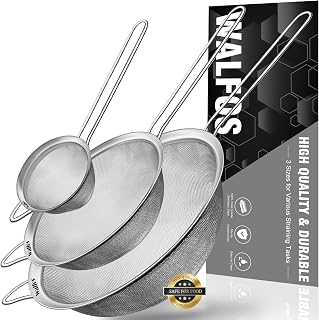 Walfos Fine Mesh Strainer Set - 3 Sizes Stainless Steel Colanders & Sifters for Pasta, Tea, Veggies - Rust-Proof, Sturdy Handles