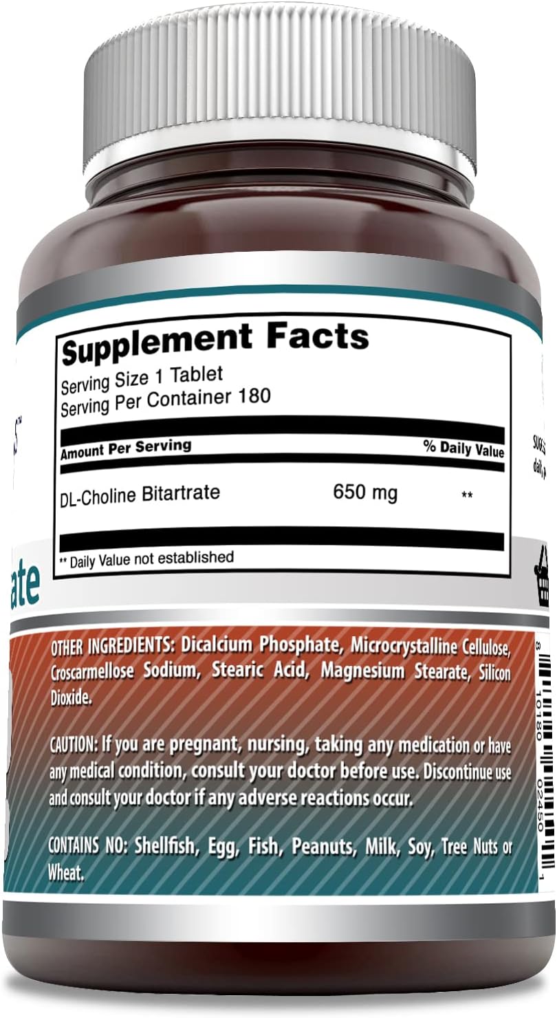 Amazing Formulas Choline Bitartrate - 650 MG, 180 Tablets (Non-GMO, Gluten Free) – Supports Nerve & Brain Health - Promotes Cellular Function - Cognitive Support