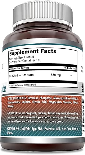 Miniatura 3 de Amazing Formulas Bitartrato de colina - 650 mg, 180 tabletas (sin OMG, sin gluten) - Apoya la salud nerviosa y cerebral - Promueve la función