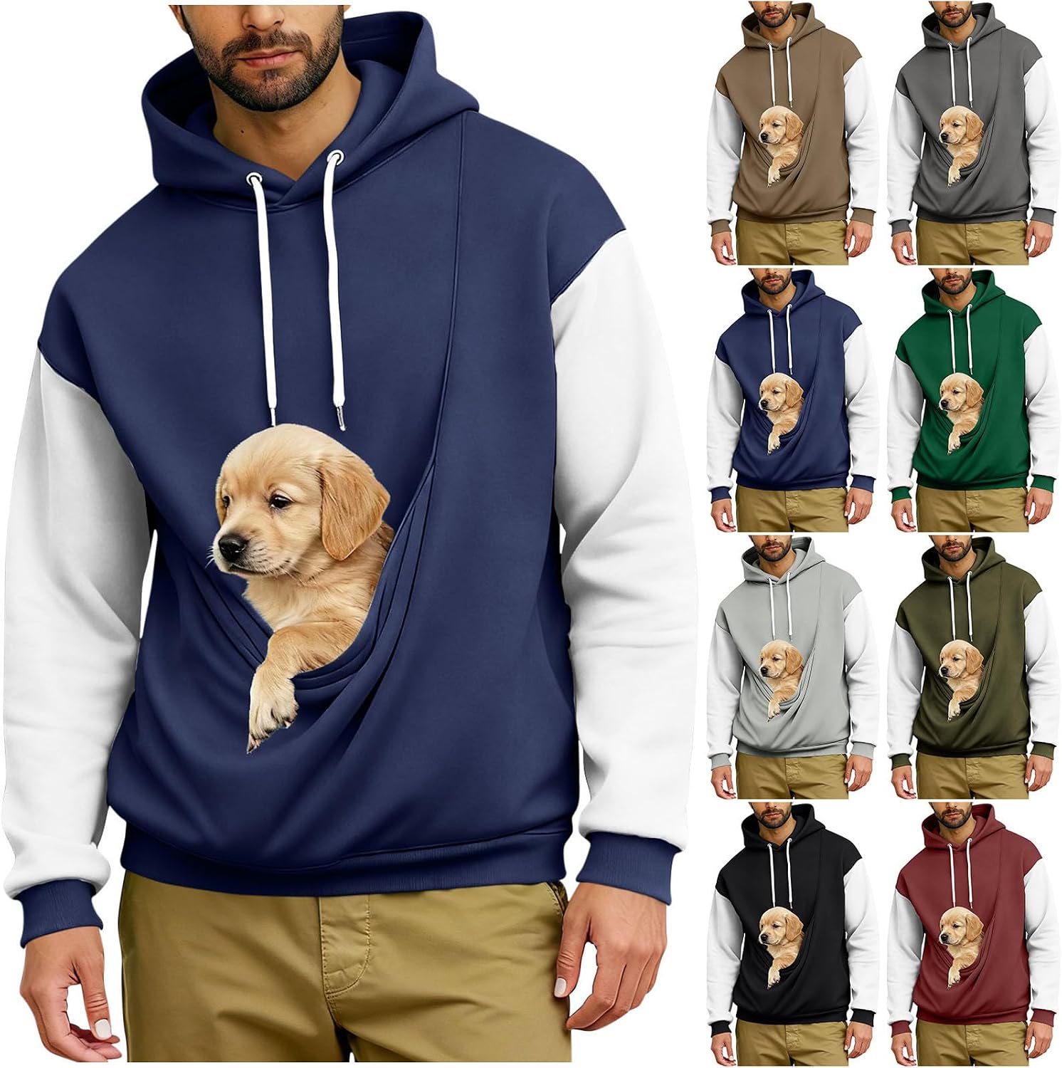 Cambkatl Color Block Pet Carry Hoodies for Men Pullover Stylish Sweatshirts with Big Front Pouch Cute Puppy Holder