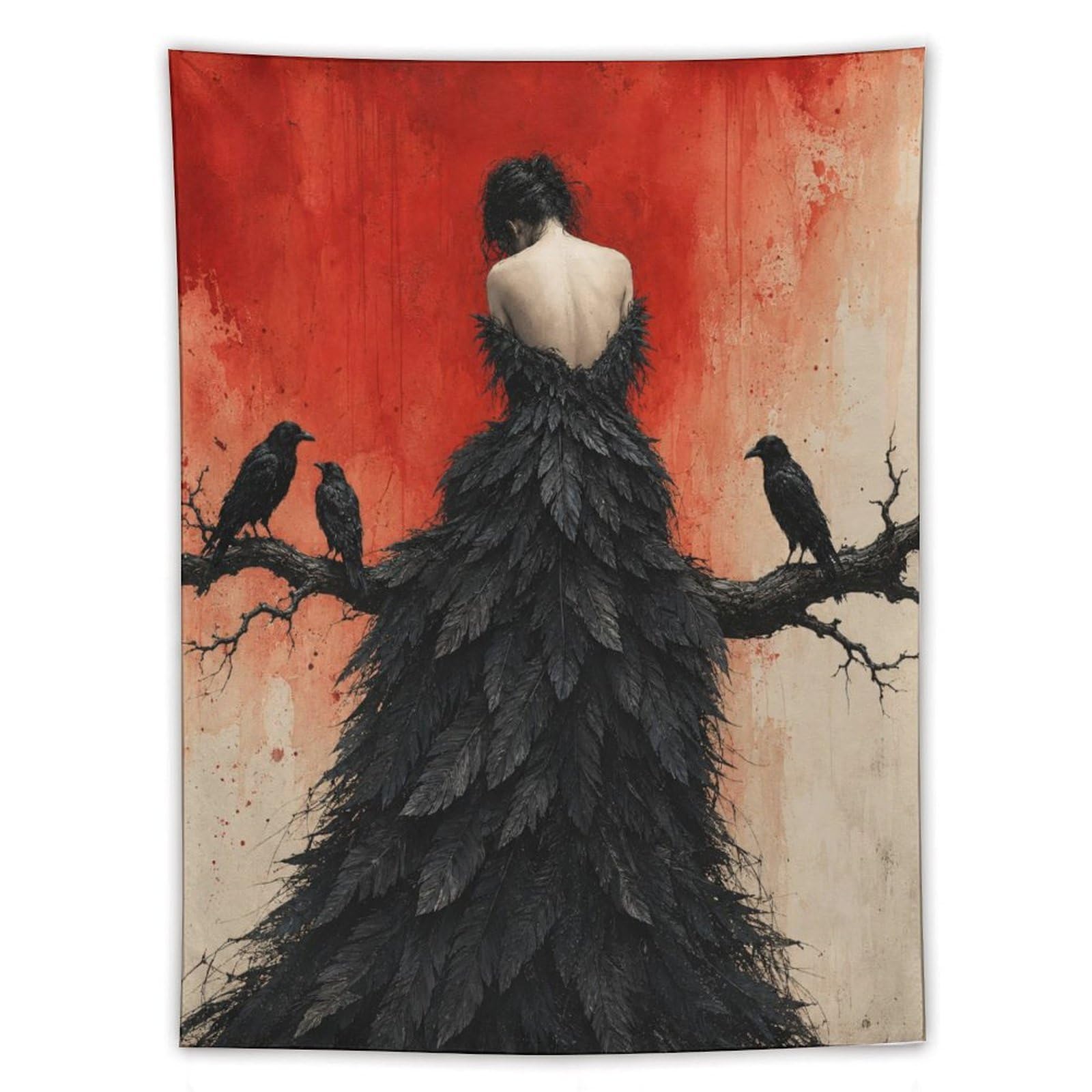 W7C8U2X3 Raven Woman Back View Wall Tapestry, Geometric Art, Living Room