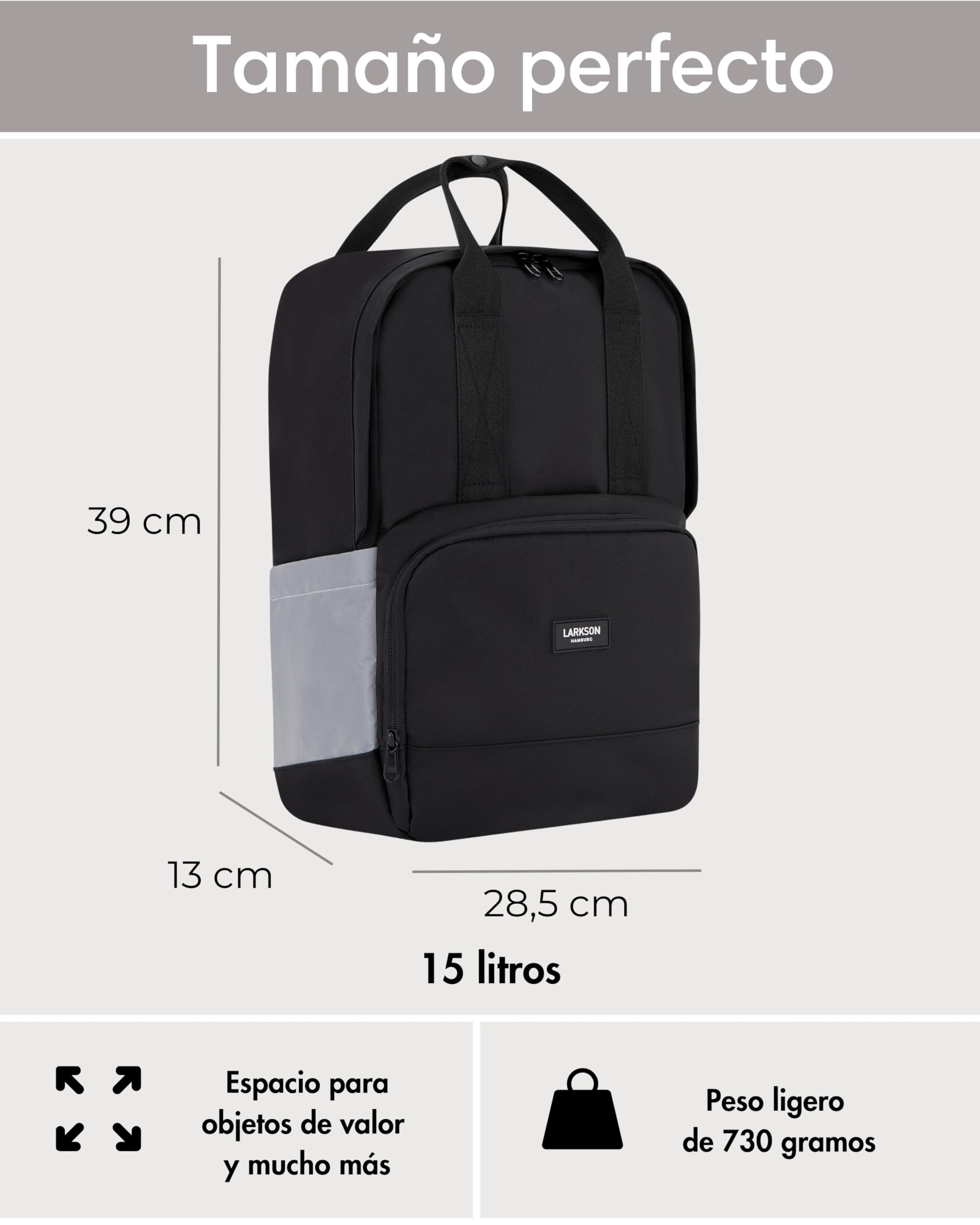 LARKSON Bolso Alforja para Bicicleta Negro Reflectante - No 6 Bike - 2 en 1 Mochila de Ciclismo y Bolsa para Rack Trasero de Bici, Morral Material Reciclado - Repele Agua