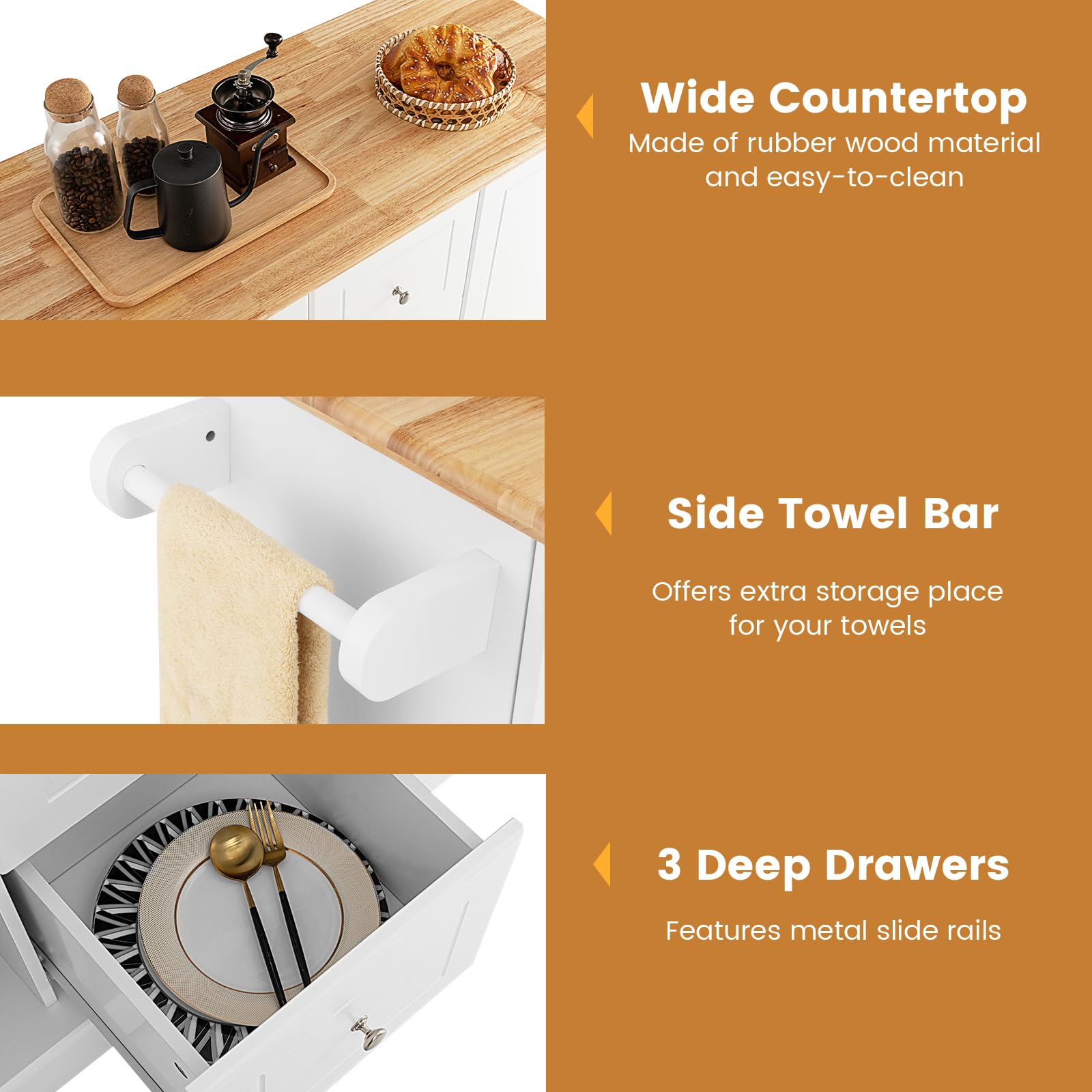 KOMFOTTEU Carrello da Cucina in Legno di Quercia con 2 Armadi e 3 Cassetti, Credenza con 5 Rotelle e Cerniere in Metallo, Isola da Cucina per Soggiorno e Sala da Pranzo